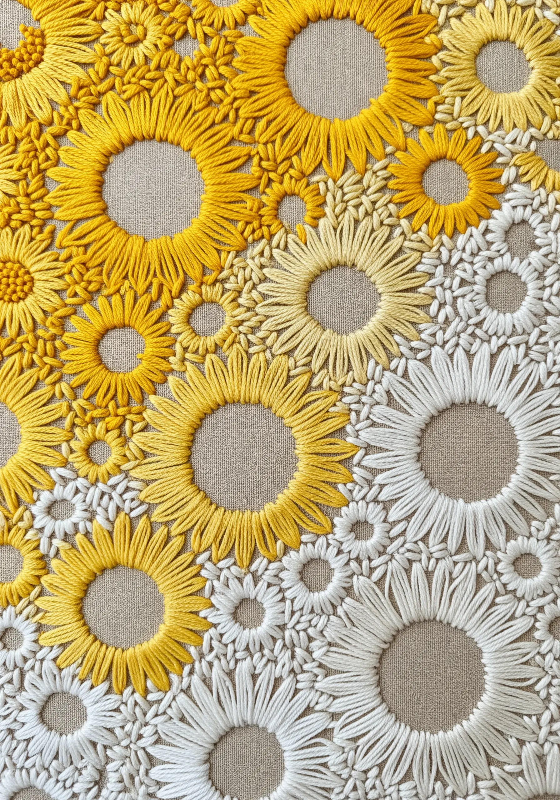 A dense fill of abstract sunflower and daisy shapes creating a textured, colorful pattern.