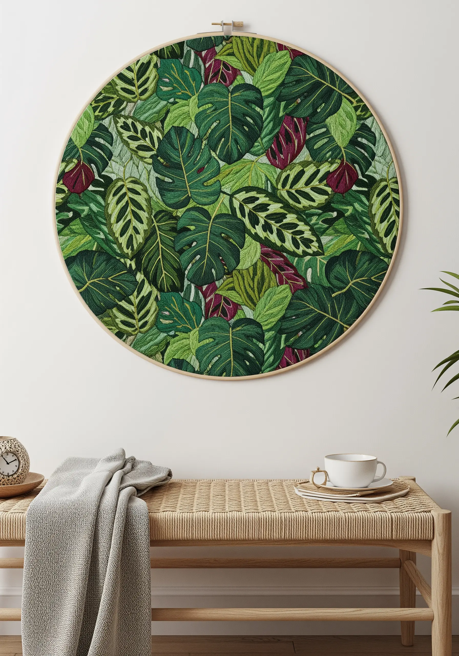 A large embroidery hoop completely filled with a dense pattern of various green tropical leaves.