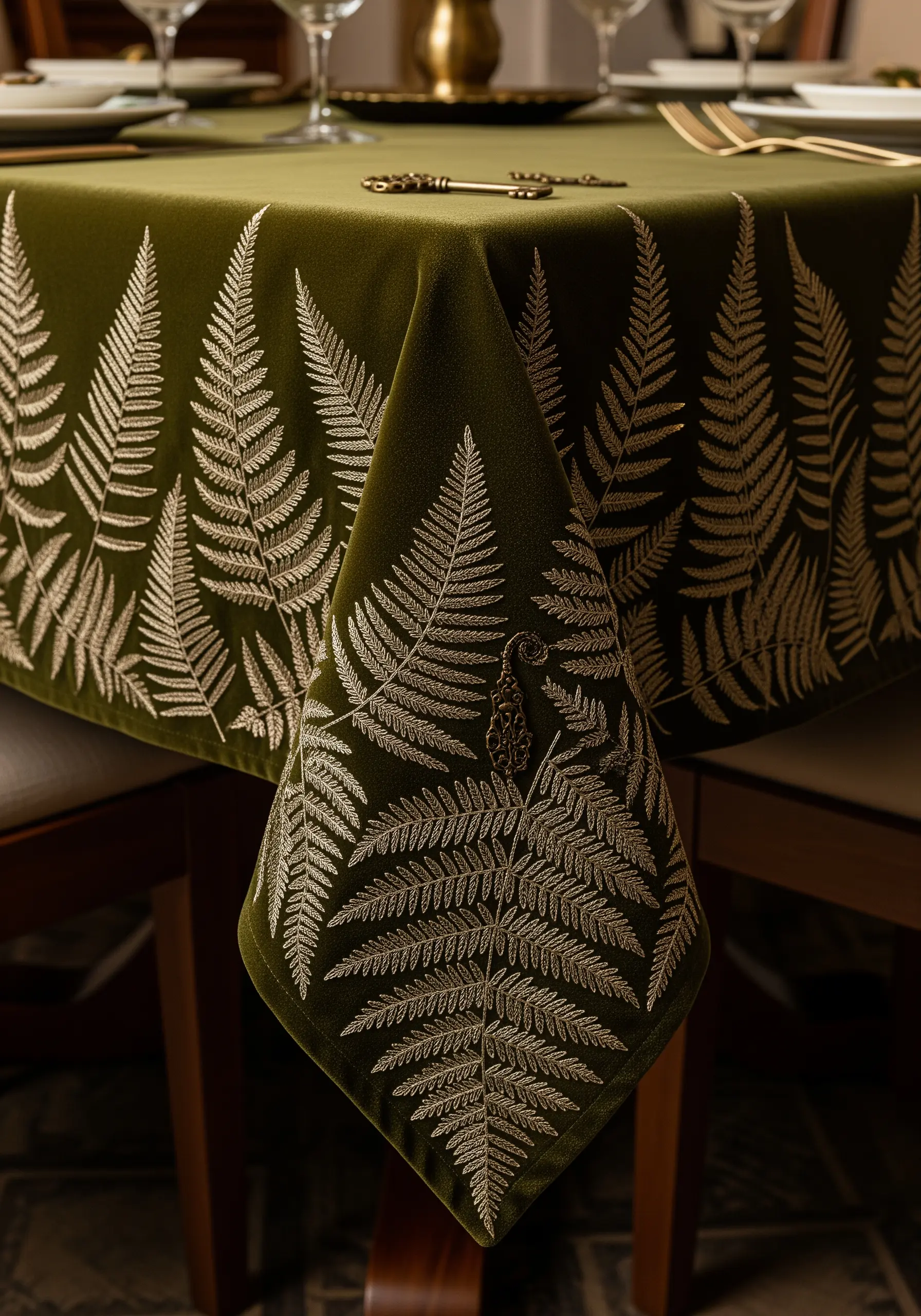 An olive green velvet tablecloth with a border of fern fronds embroidered in pale gold thread.