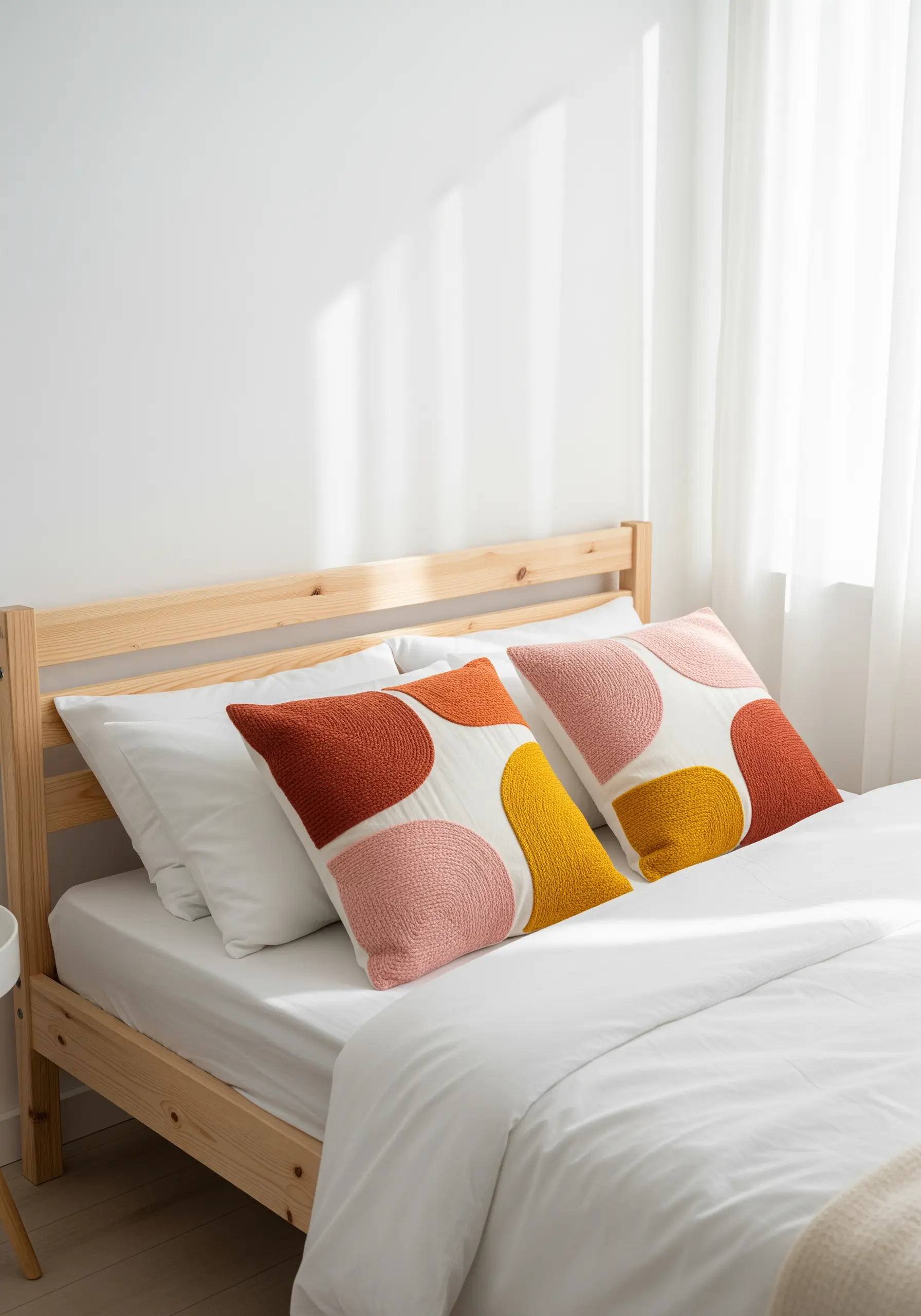 Abstract color-blocked shapes in rust, pink, and yellow with a dense, looped texture.