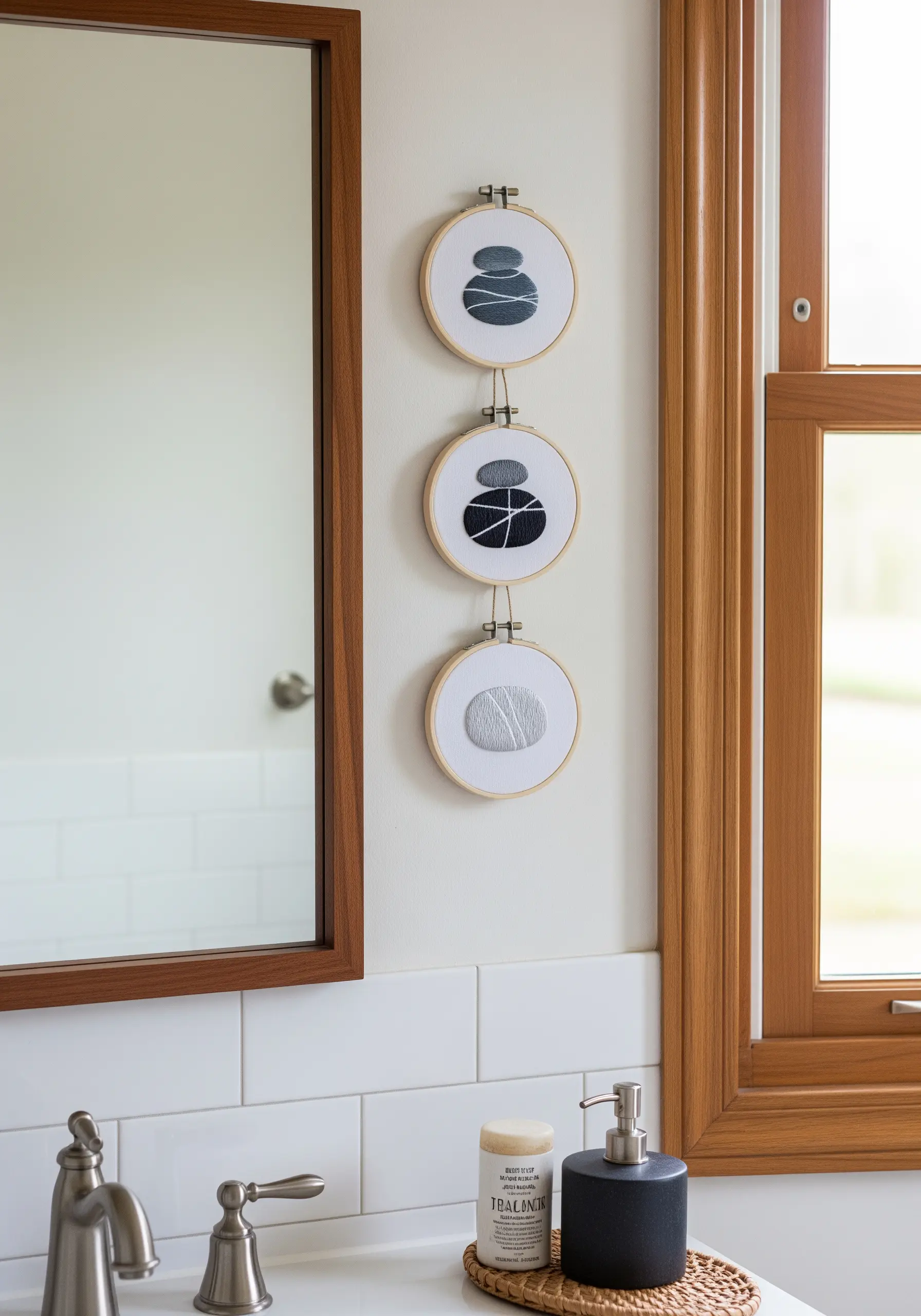 Three small embroidery hoops with abstract stacked stone designs hanging vertically