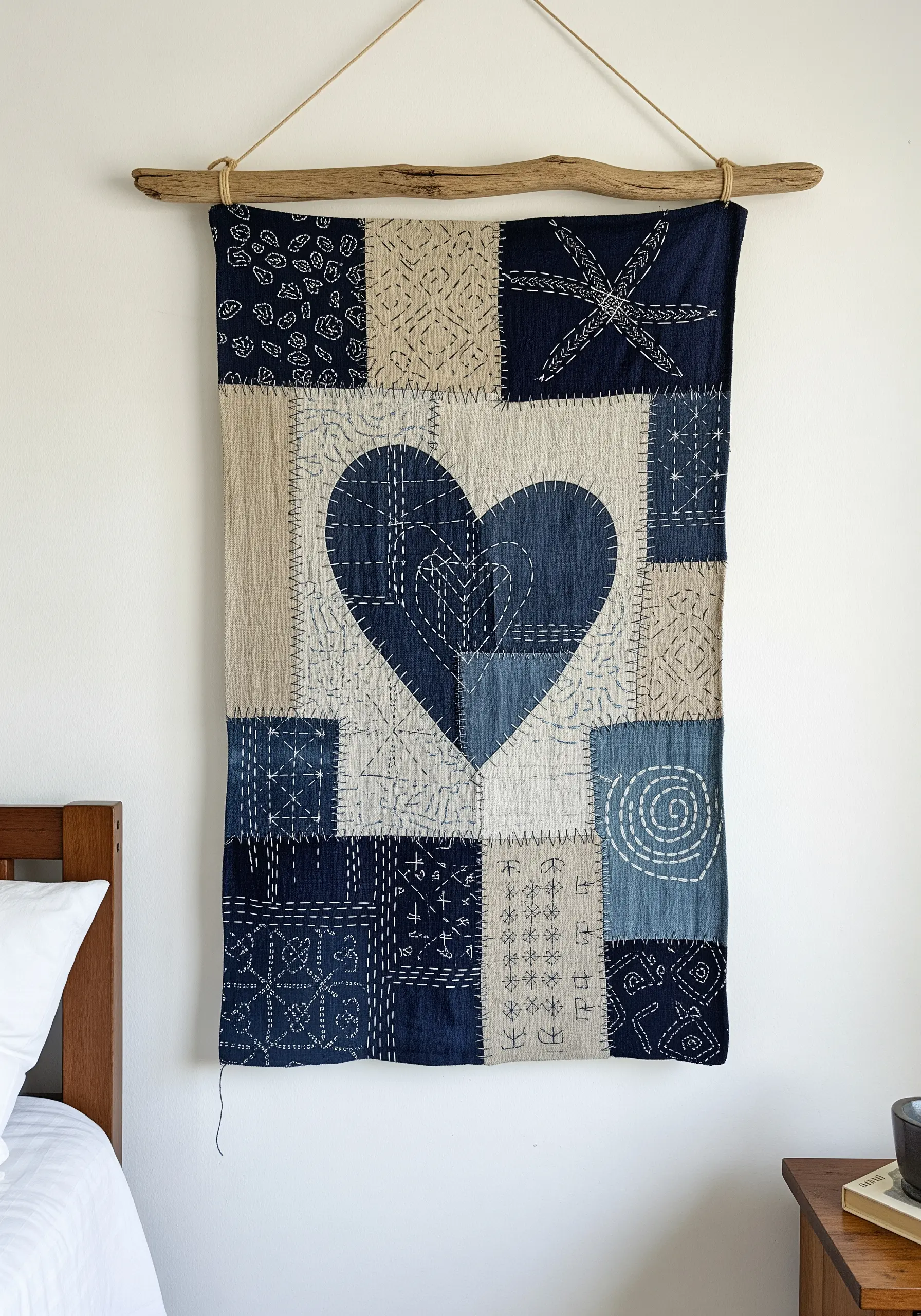 A patchwork wall hanging in indigo and beige with Japanese sashiko stitching patterns.
