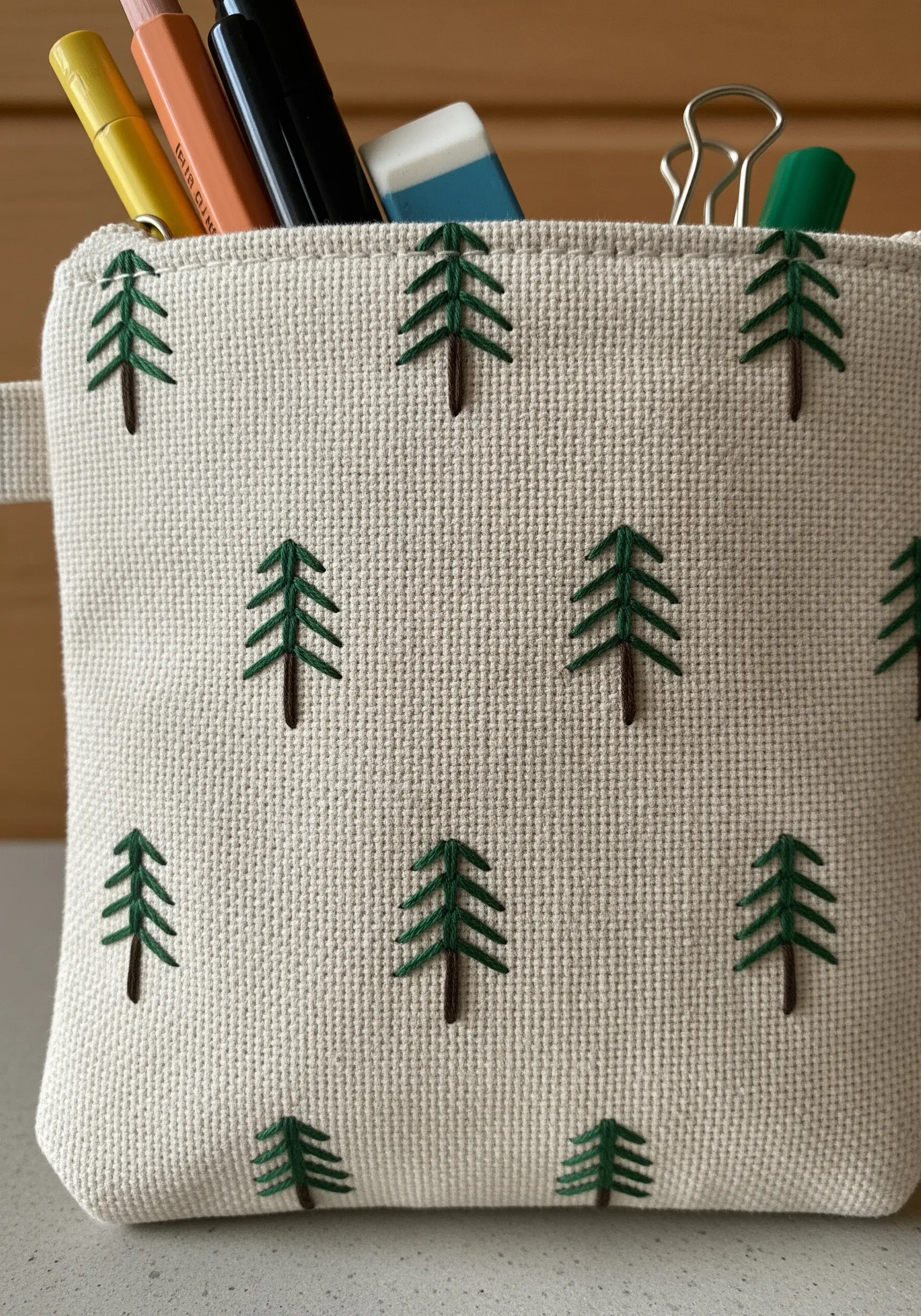 A fabric pencil pouch decorated with a repeating pattern of tiny embroidered pine trees.