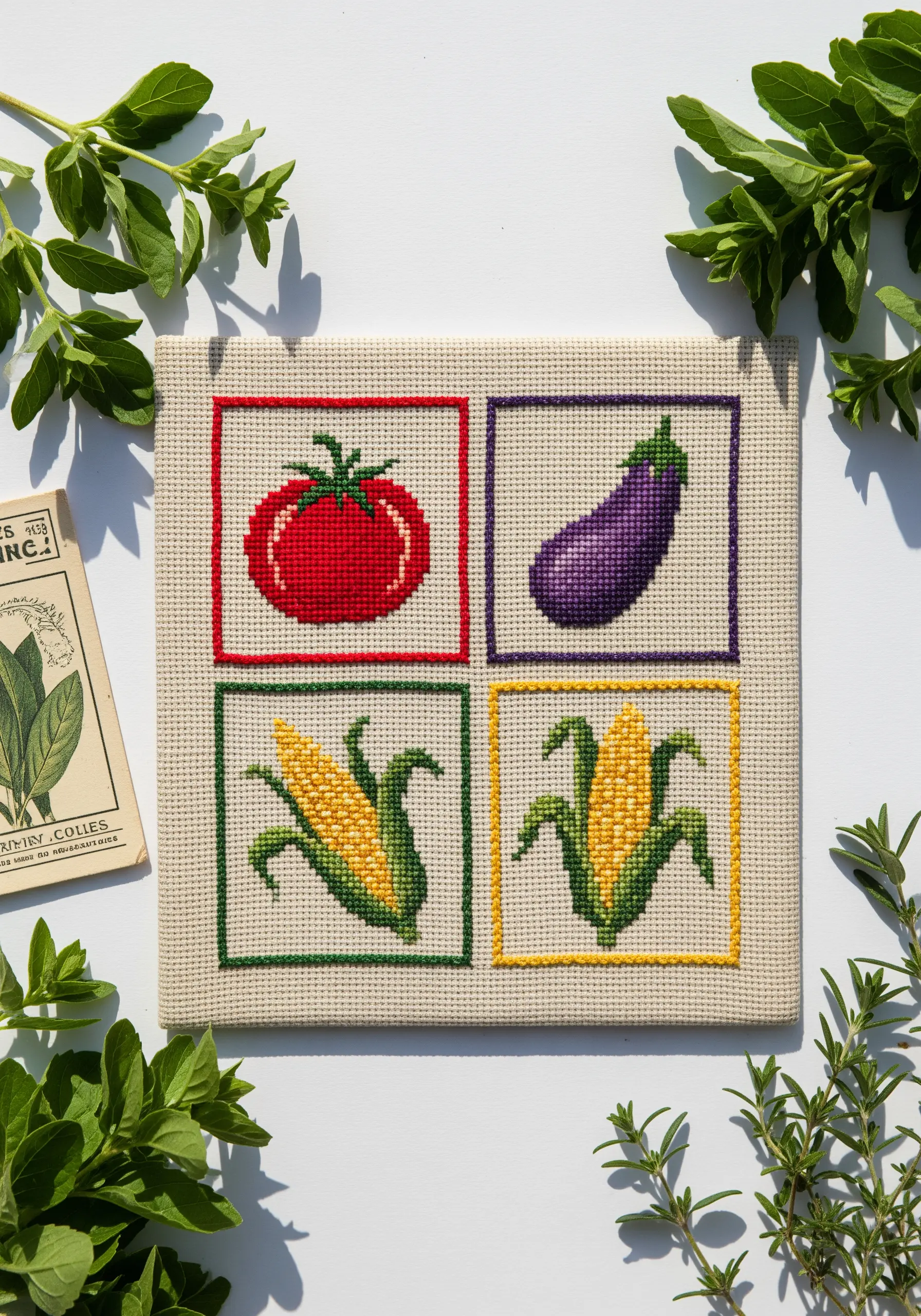 A four-panel cross-stitch piece featuring a tomato, eggplant, and two ears of corn.