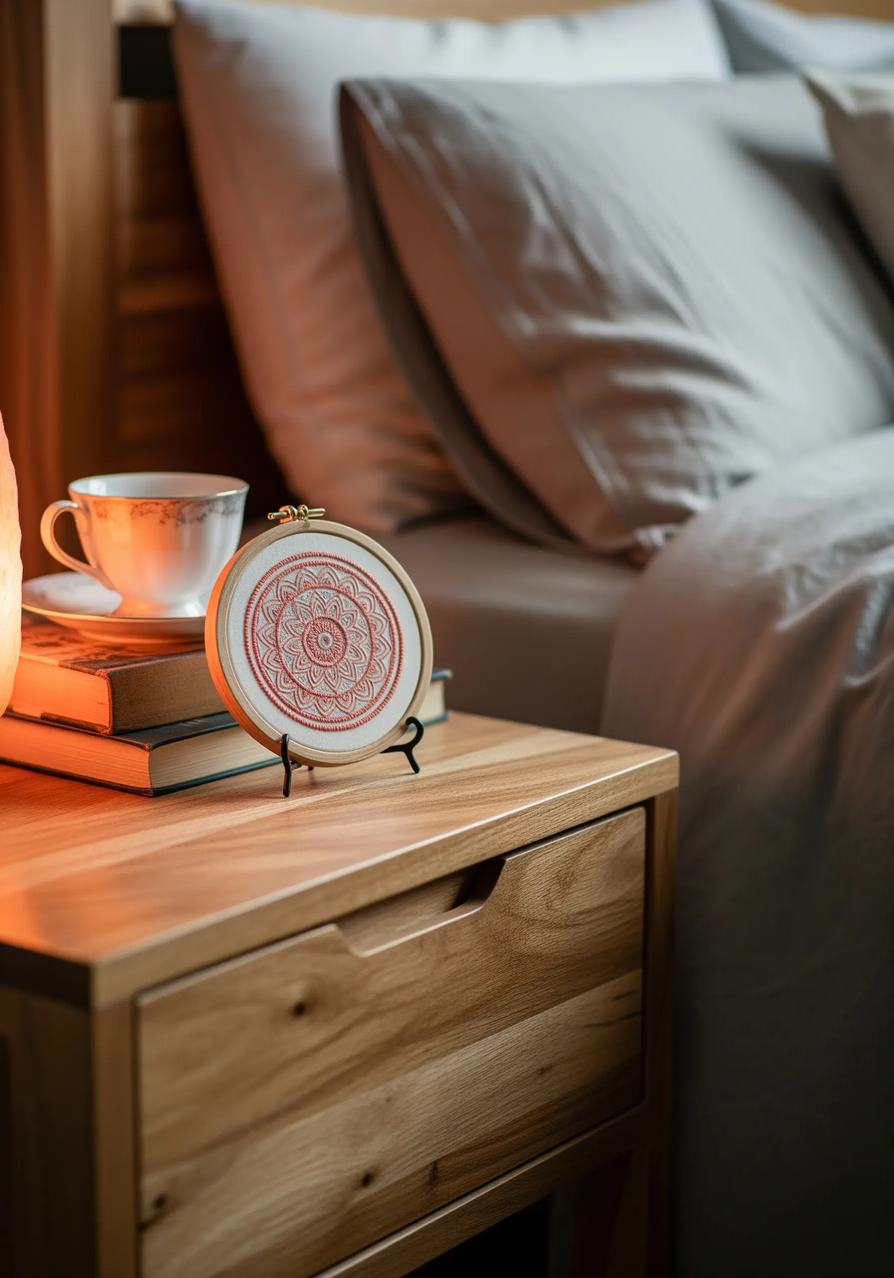 Small hoop with a red line-art mandala on a bedside table.