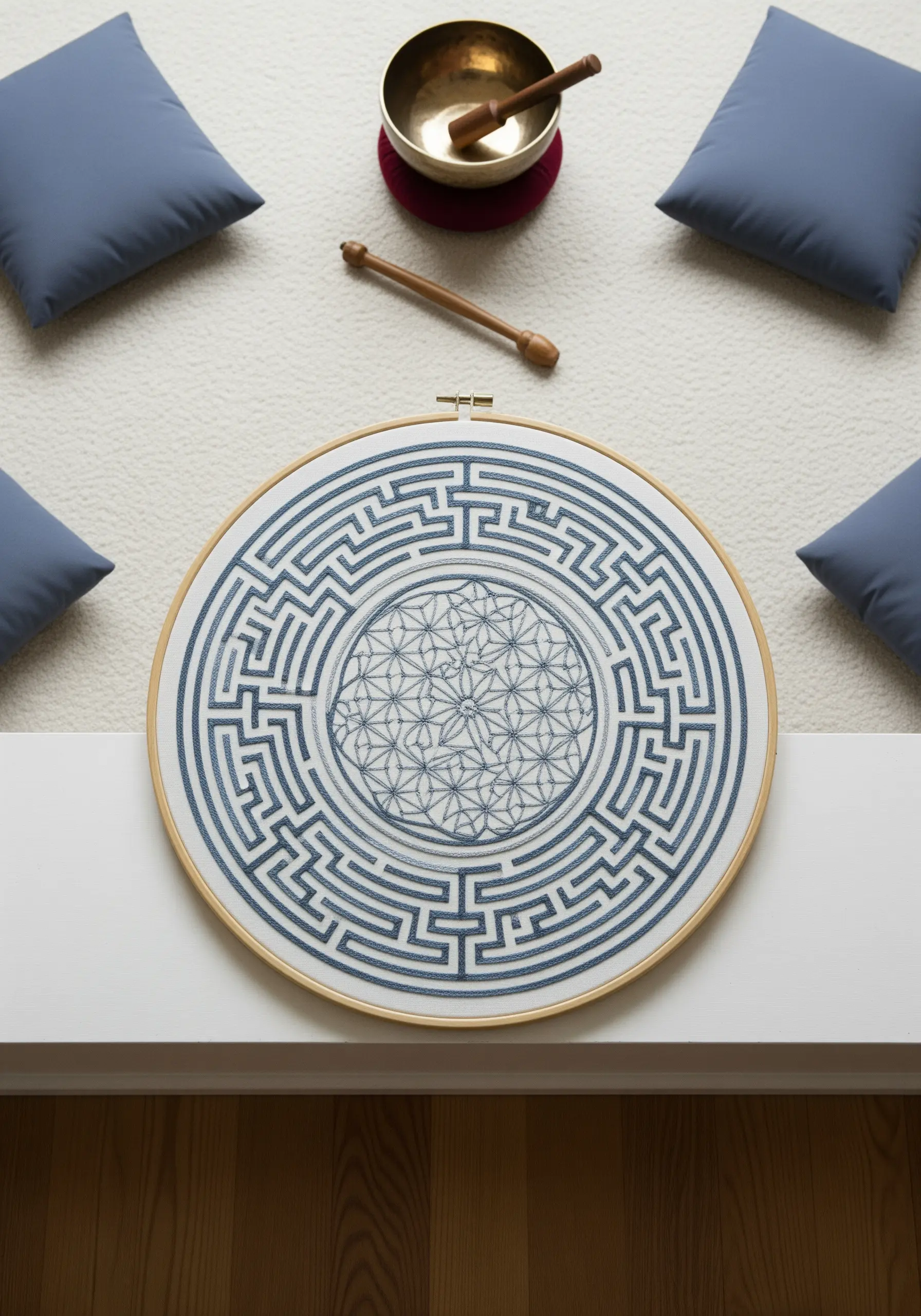 A large embroidery hoop featuring an intricate blue labyrinth pattern on white fabric.