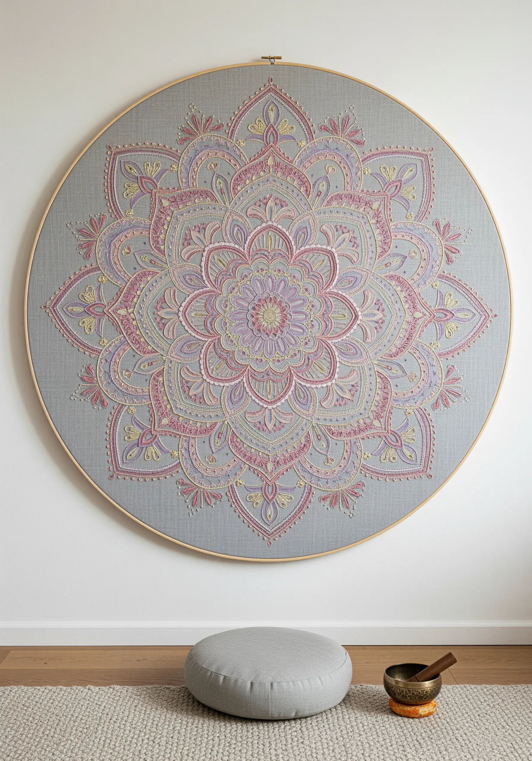 An oversized embroidery hoop featuring an intricate mandala in soft pastel tones