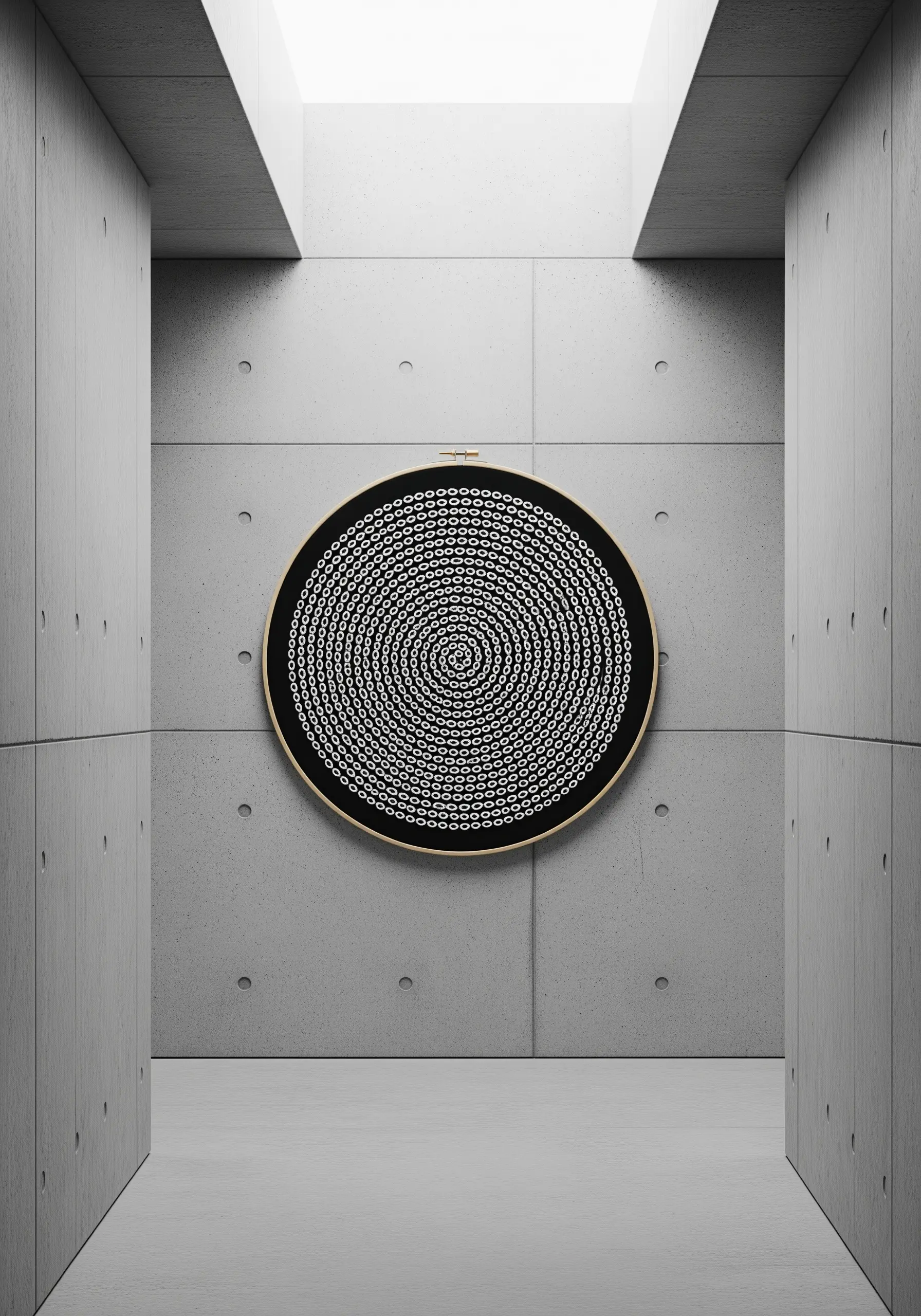 A large embroidery hoop filled with a hypnotic spiral of tiny white stitches on a black background.