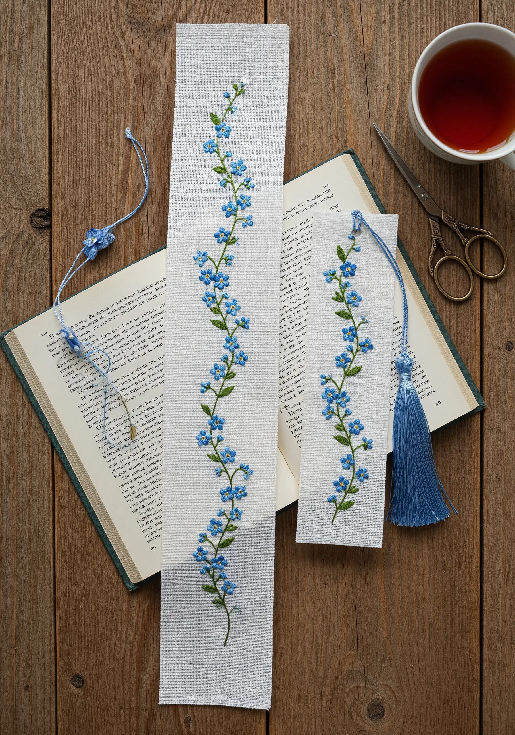 An elegant bookmark embroidered with a delicate vine of blue forget-me-not flowers.