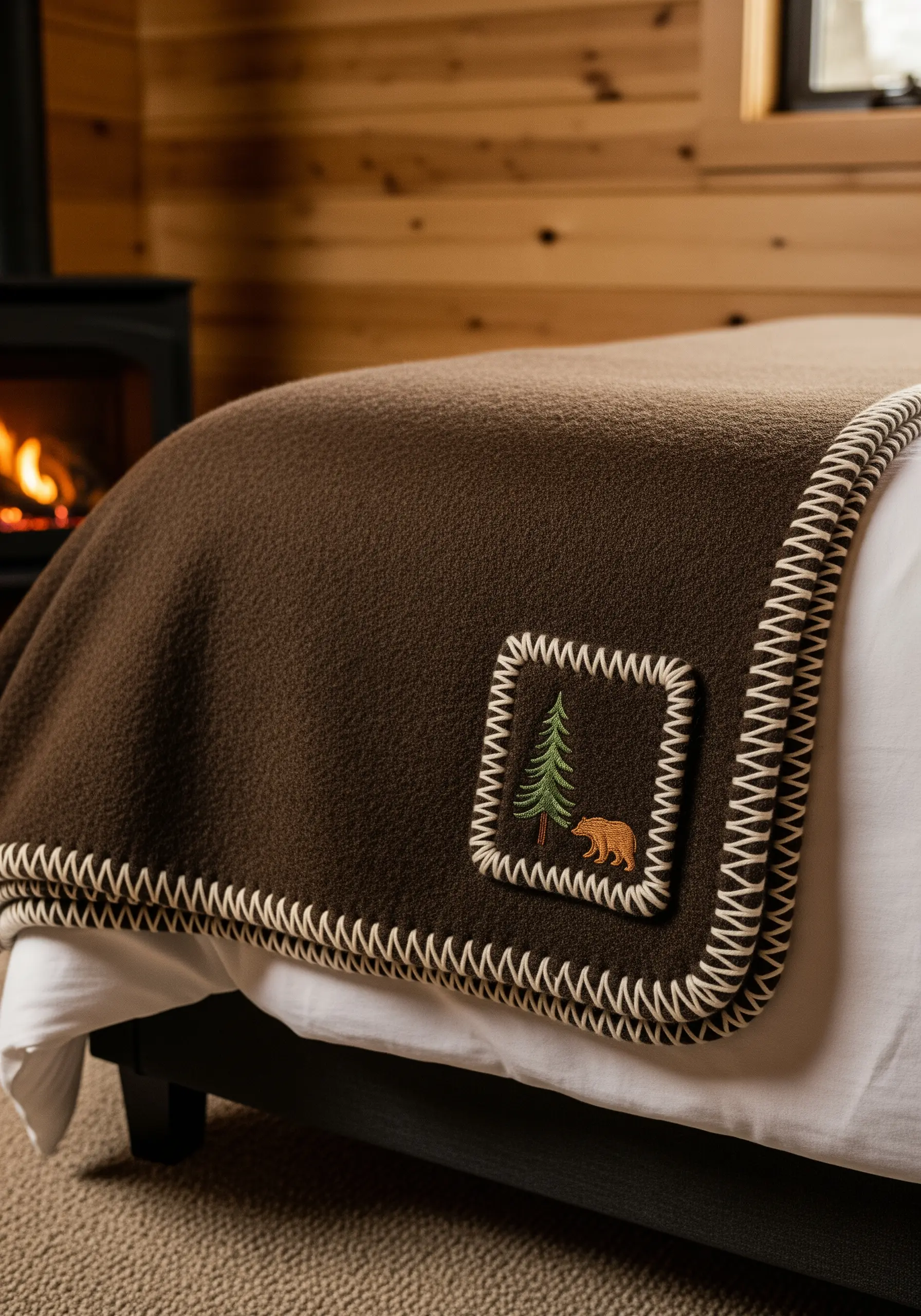 A brown wool blanket with a thick ivory blanket stitch edge and an embroidered patch.