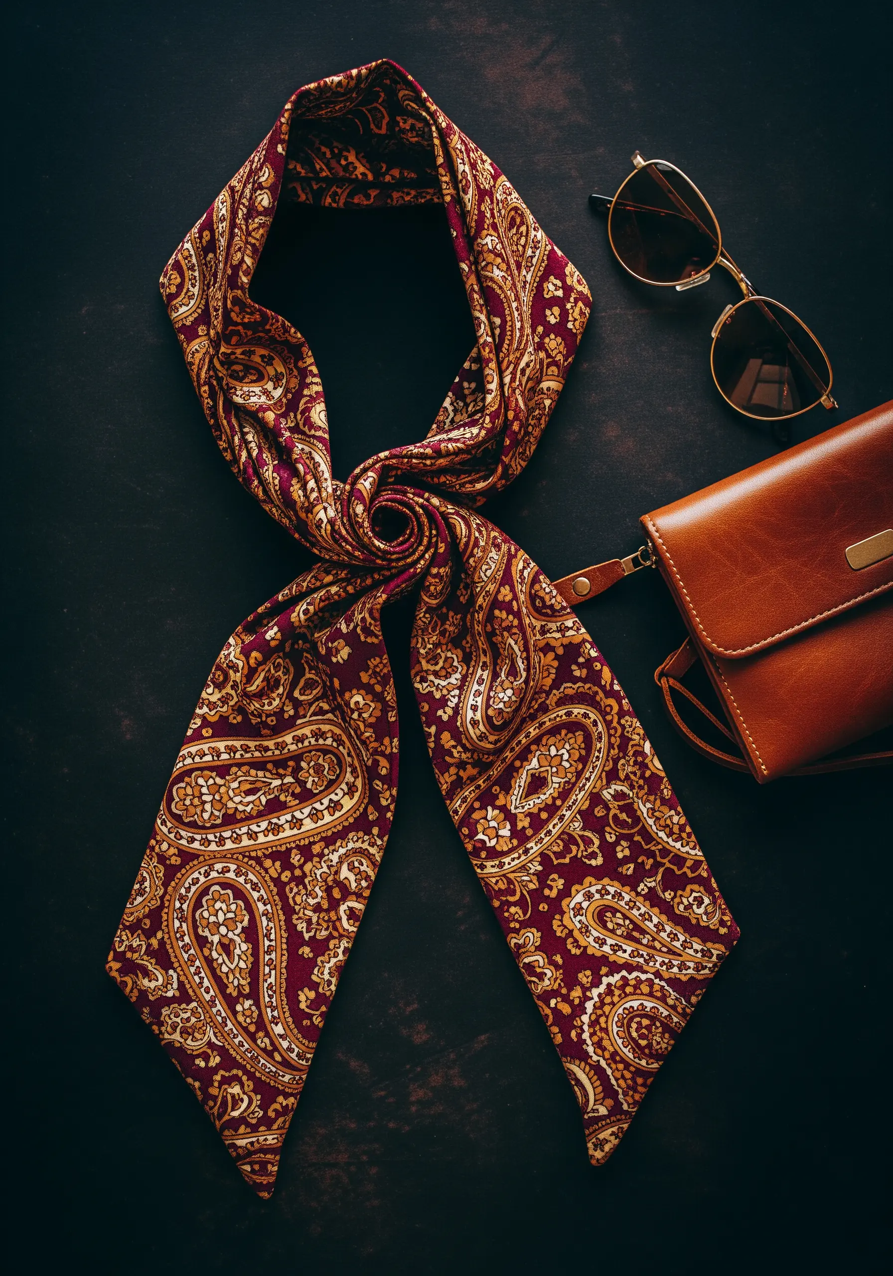 A luxurious paisley-patterned scarf tied elegantly next to a handbag and sunglasses.