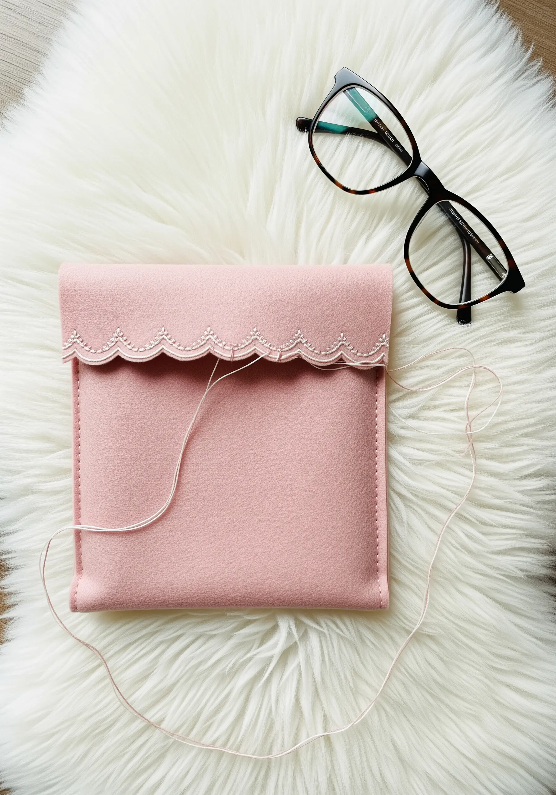 A pink felt pouch with a decorative scalloped blanket stitch along the top edge.