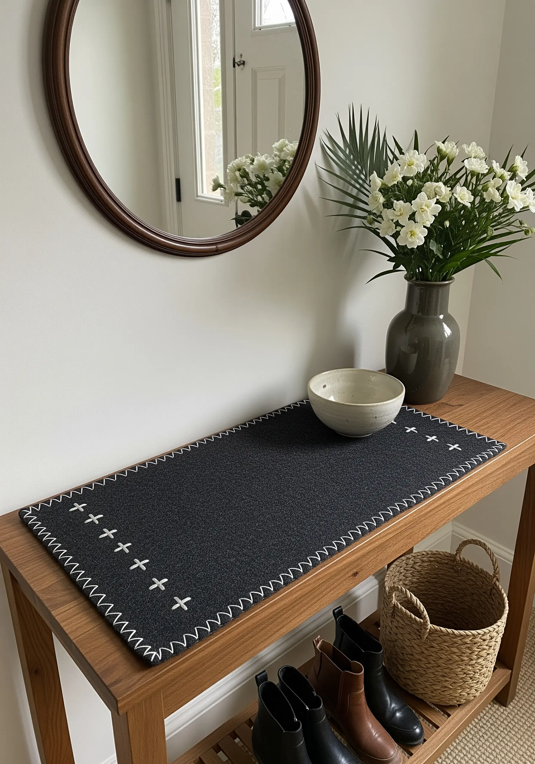 A dark gray table runner with a decorative border of large, white cross stitches.
