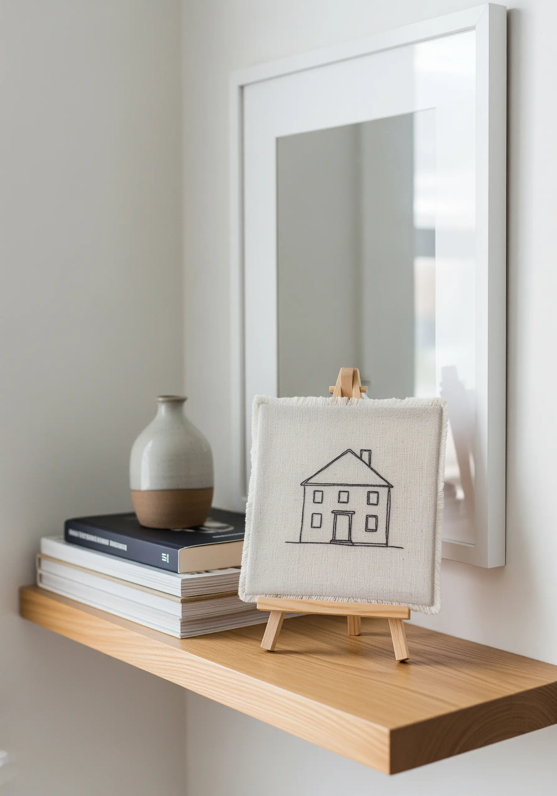 A small line-art embroidery of a house, stretched over a canvas and displayed on a mini easel.