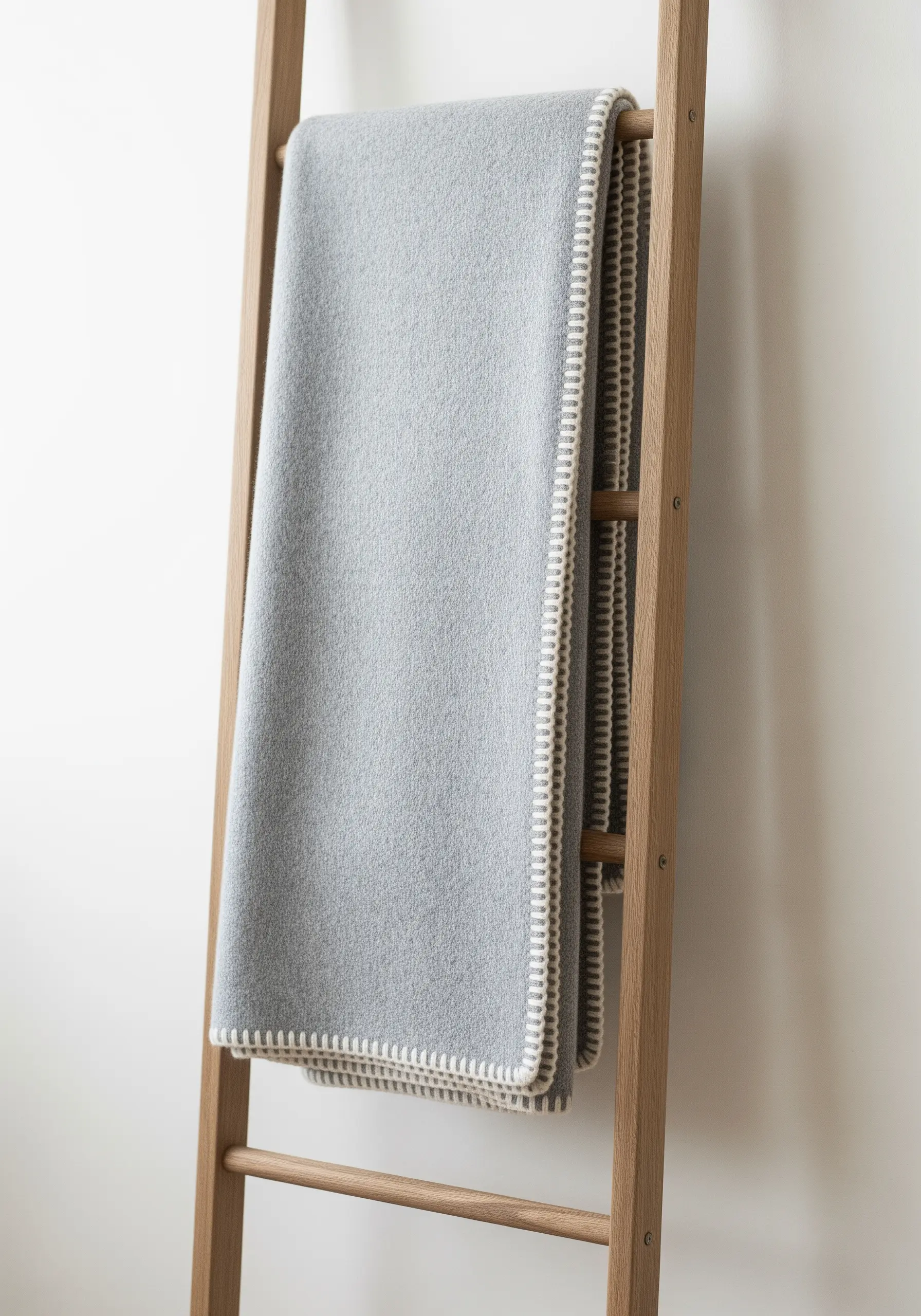 A gray wool blanket with a neat, contrasting white blanket stitch along the edge.