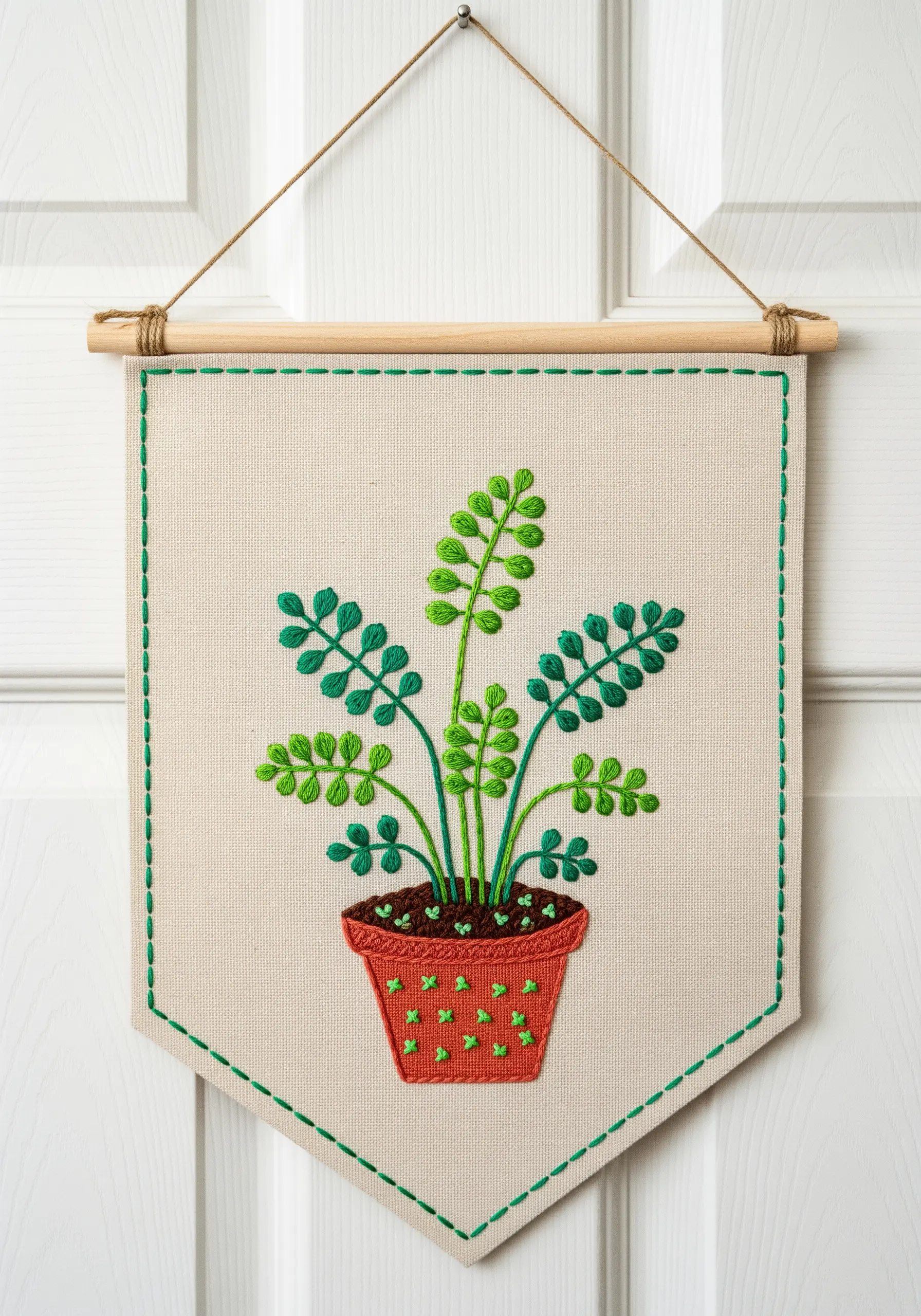 A finished embroidery wall banner of a potted plant with a decorative stitched border.