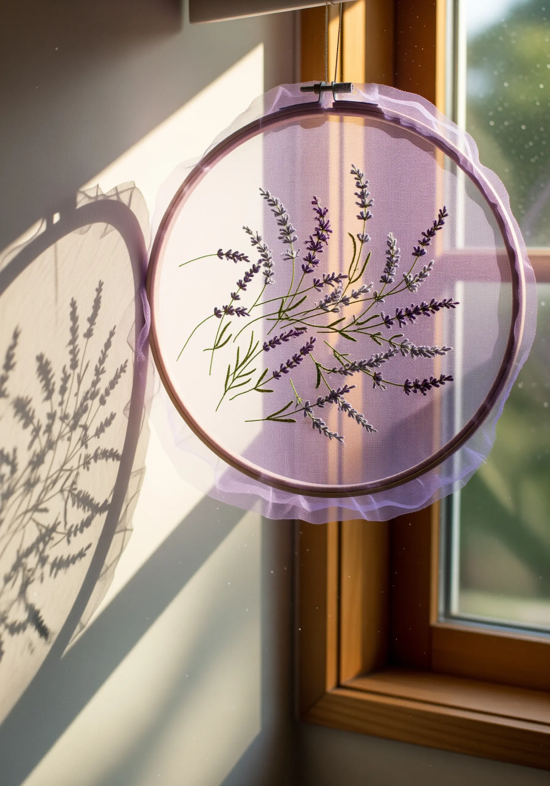 A lavender bouquet on sheer fabric in a hoop finished with a purple tulle ruffle.