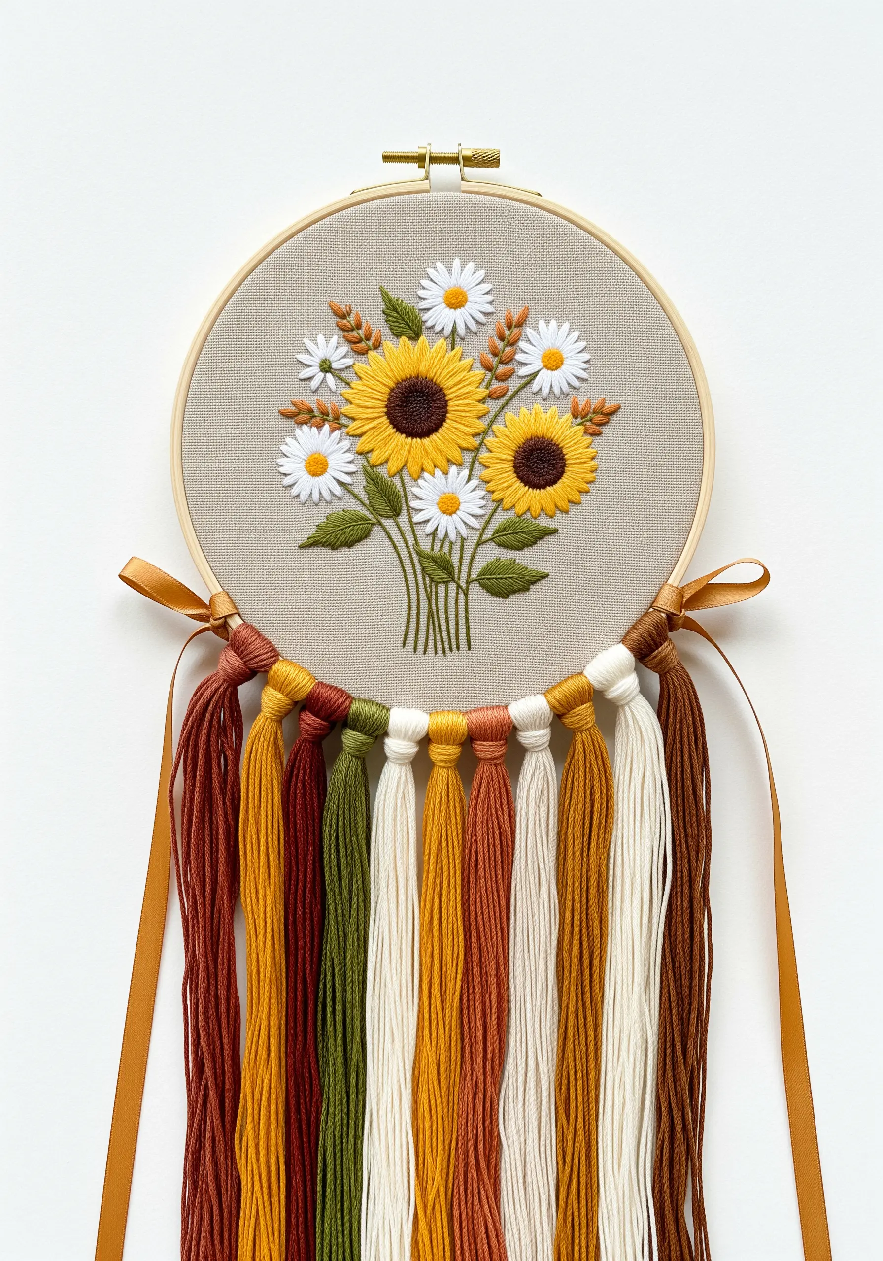 A sunflower and daisy bouquet in a hoop with a multi-colored yarn tassel hanging below.
