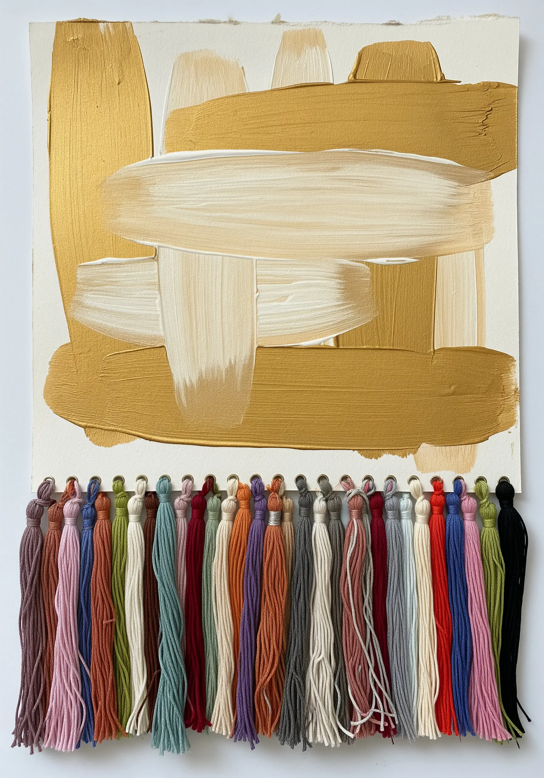 An abstract gold painting on paper with a dense fringe of colorful thread tassels at the bottom.