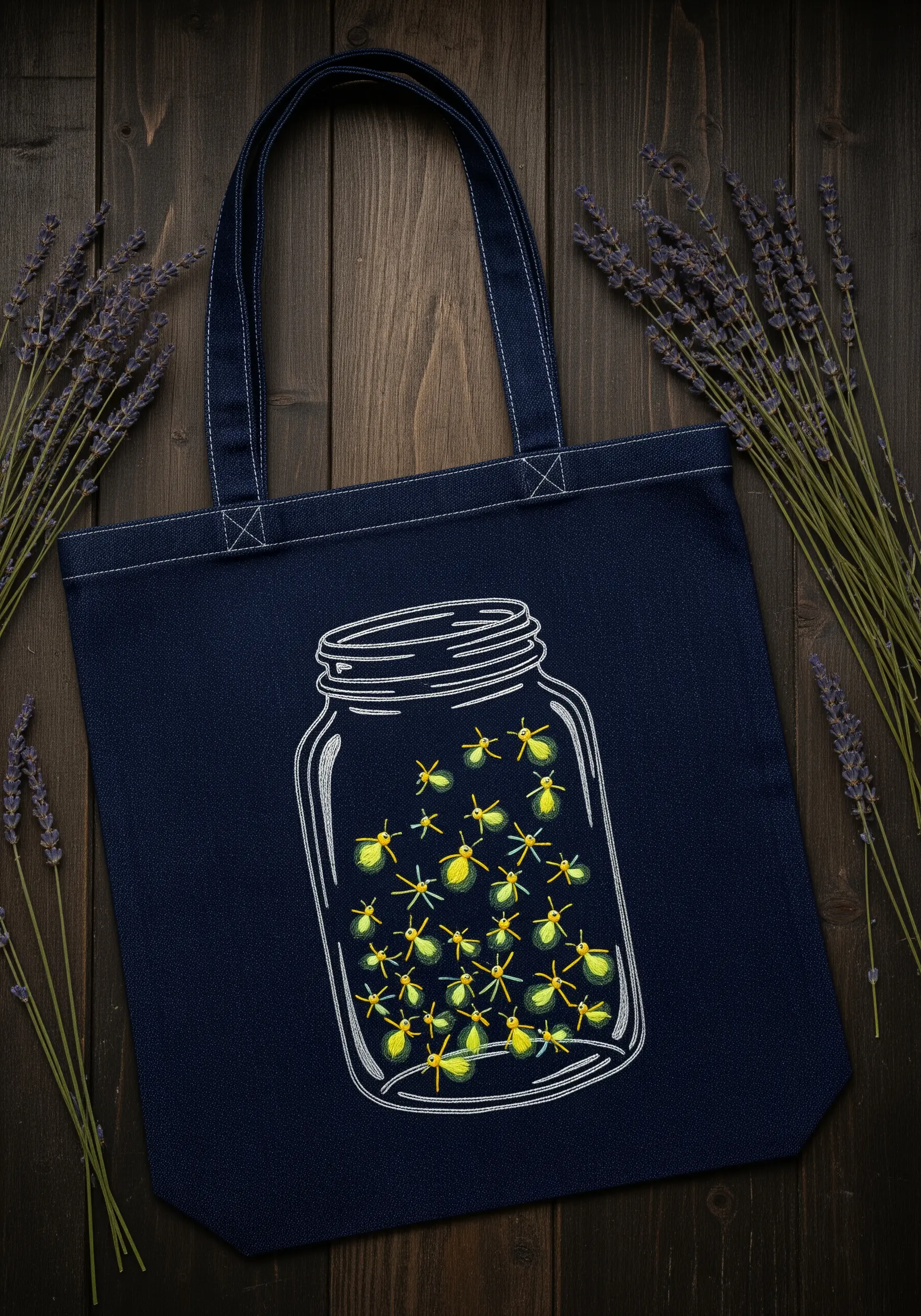 Minimalist outline of a jar filled with fireflies stitched on a dark blue tote bag.