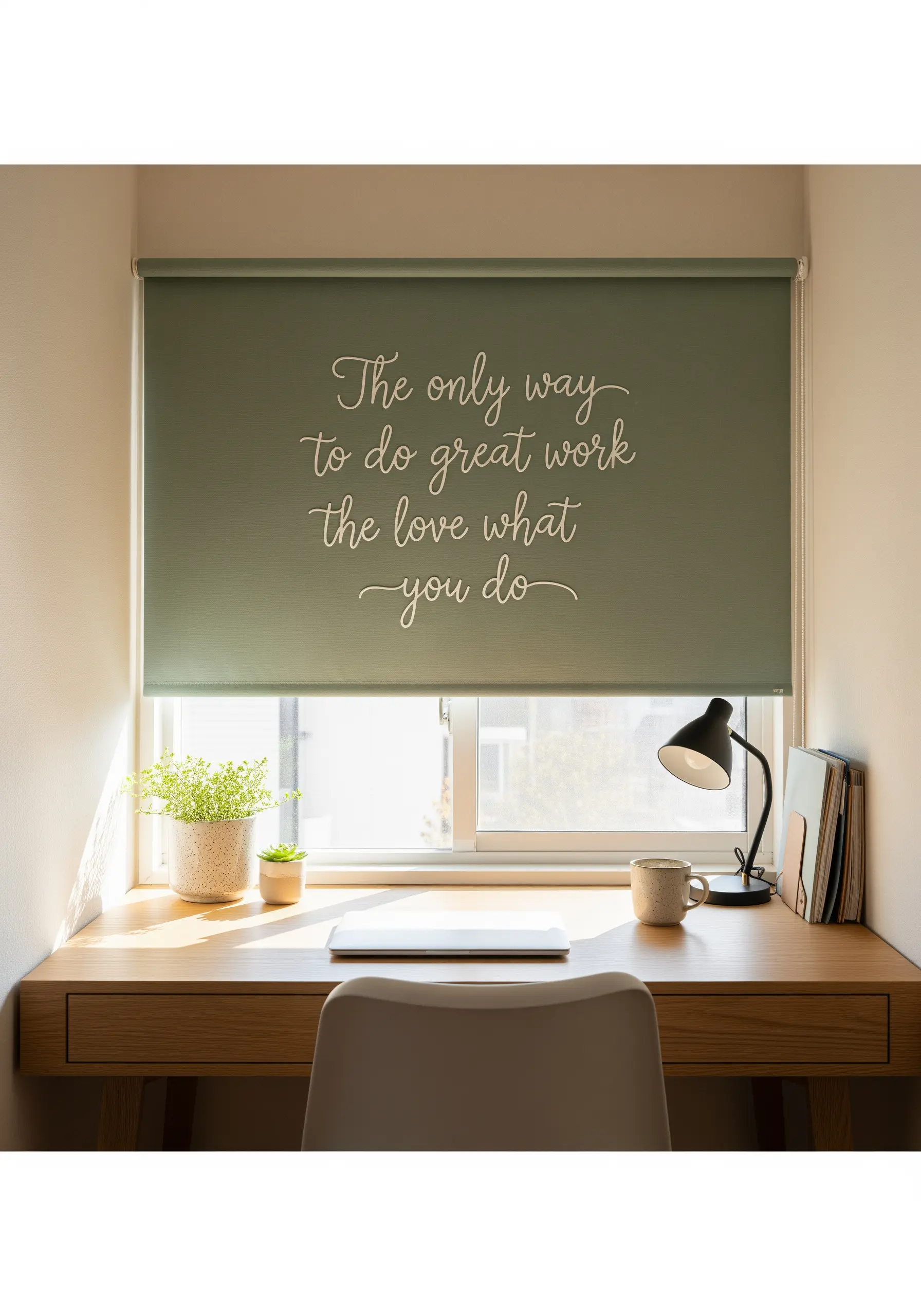 An inspirational quote embroidered in white script on a sage green roller blind.