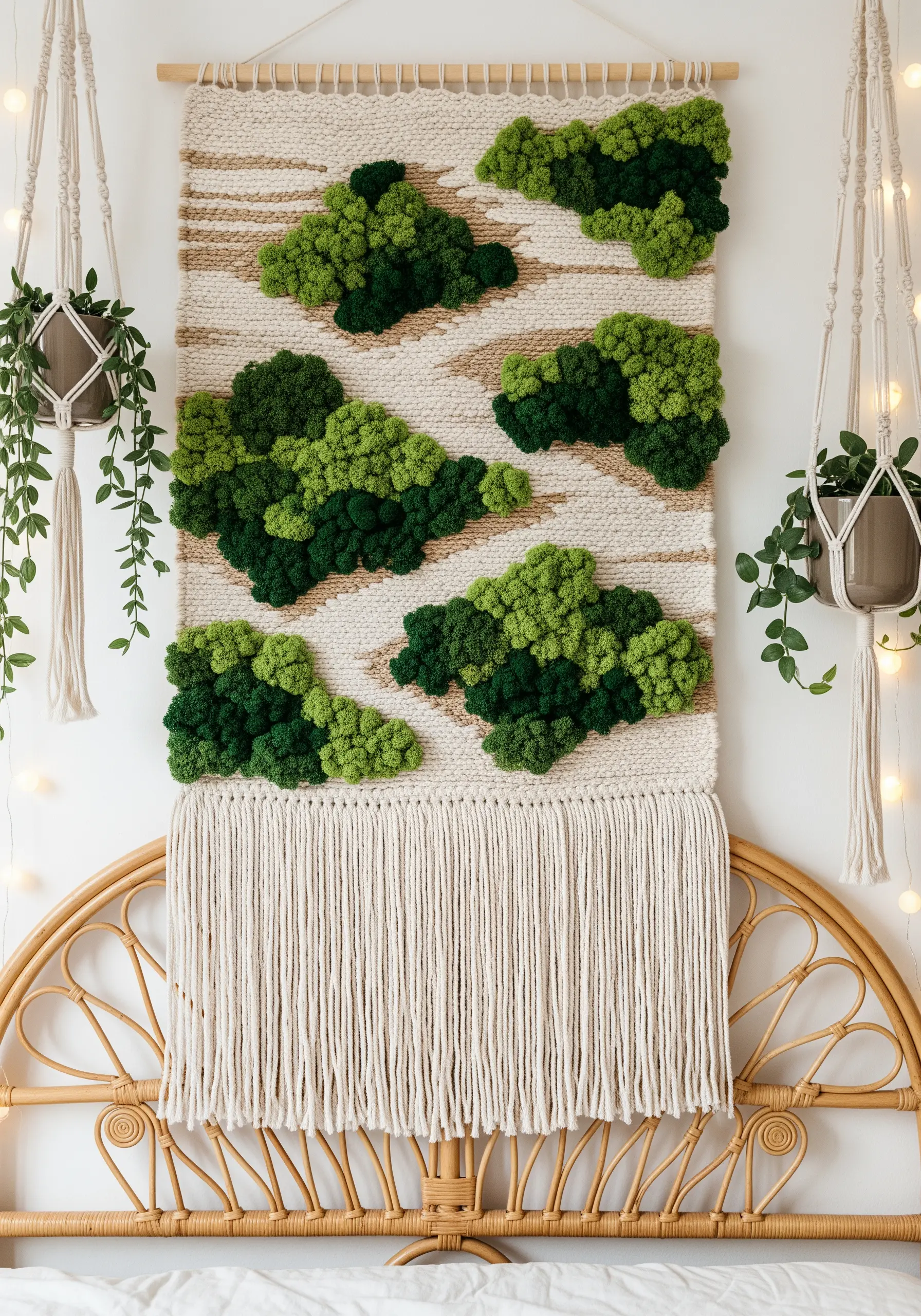 A woven wall hanging with several separate, cloud-like patches of green moss embroidery.