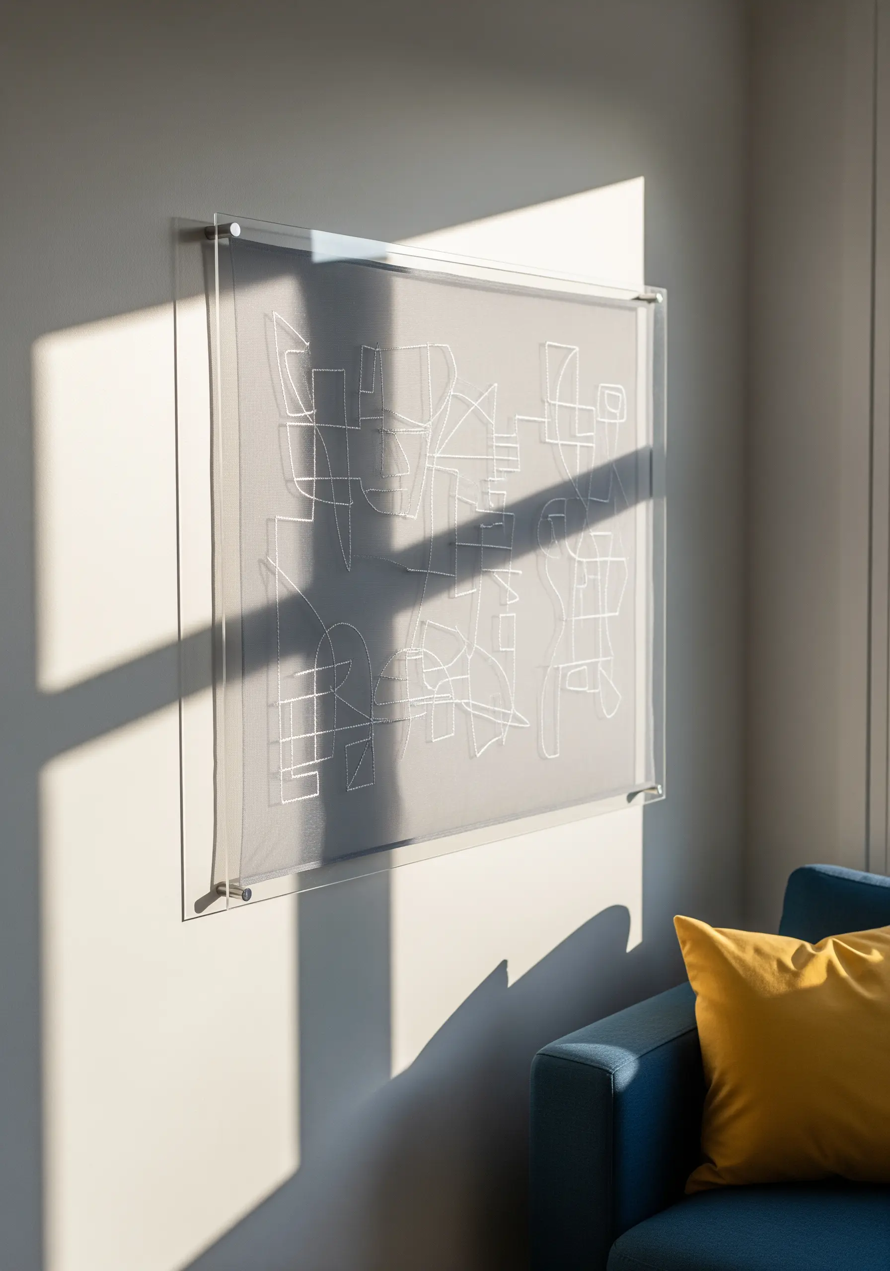 Abstract white line embroidery on gray fabric in a clear acrylic floating frame.