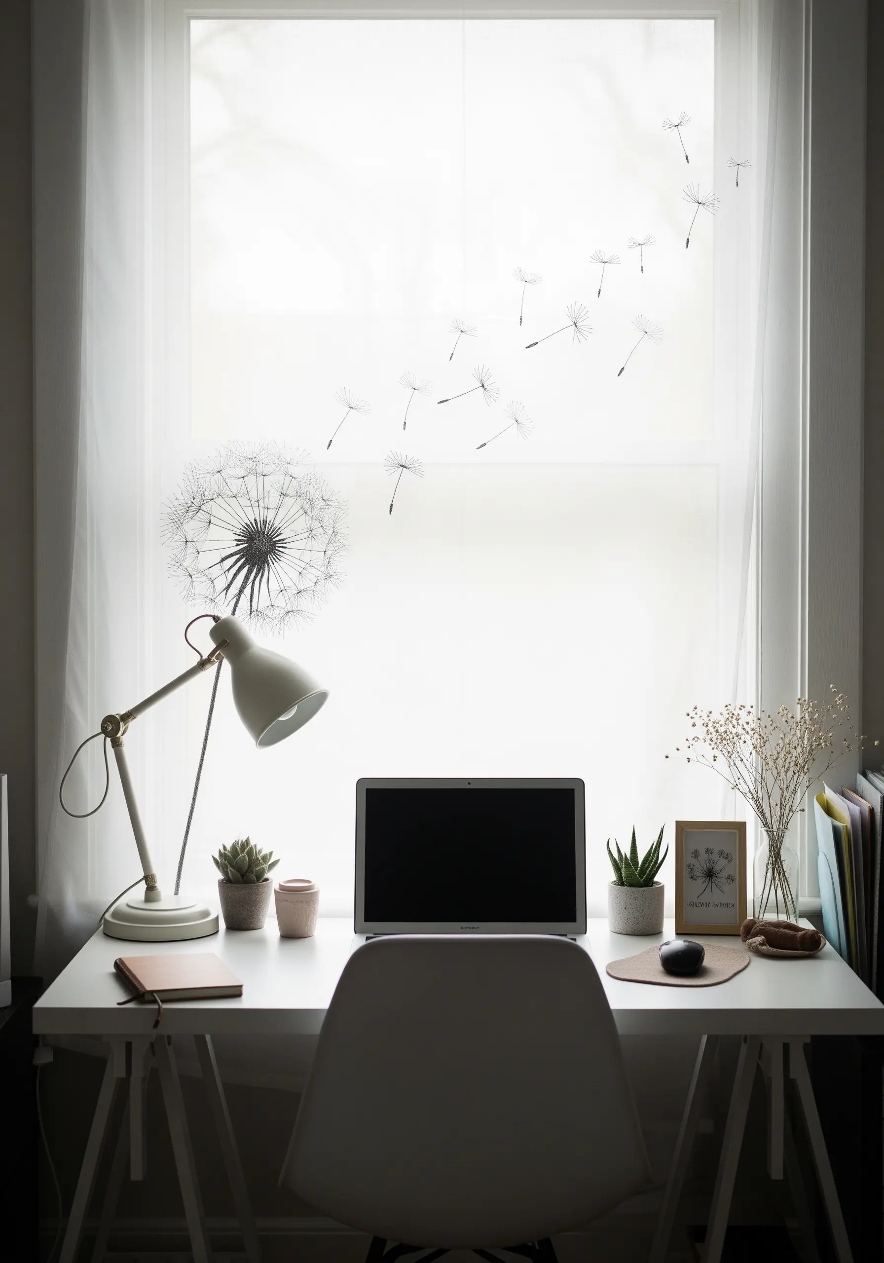 Delicate dandelion clock and floating seeds embroidered on a sheer, transparent surface.