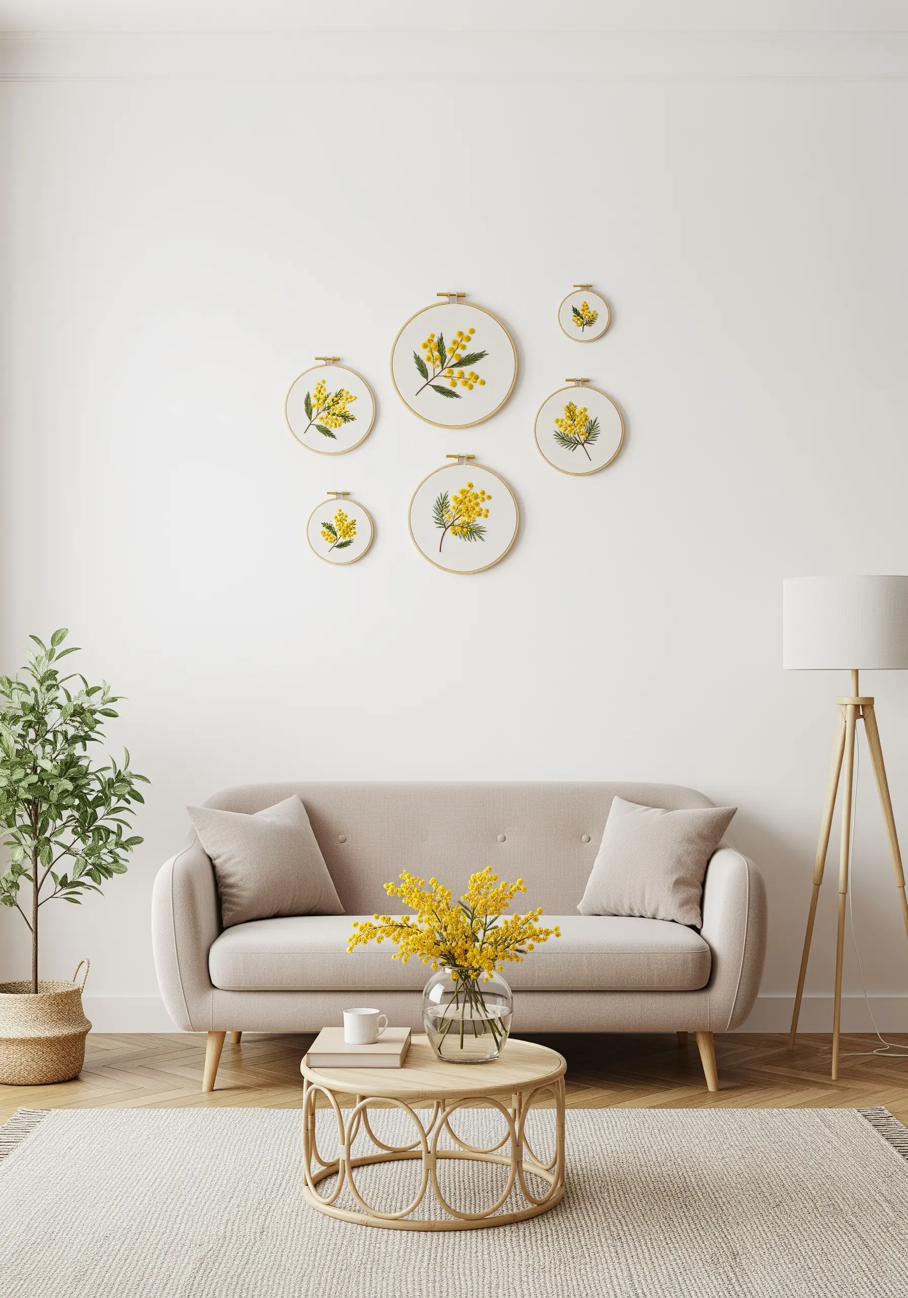 A collection of six small embroidery hoops of different sizes, each with a mimosa sprig, arranged on a wall.