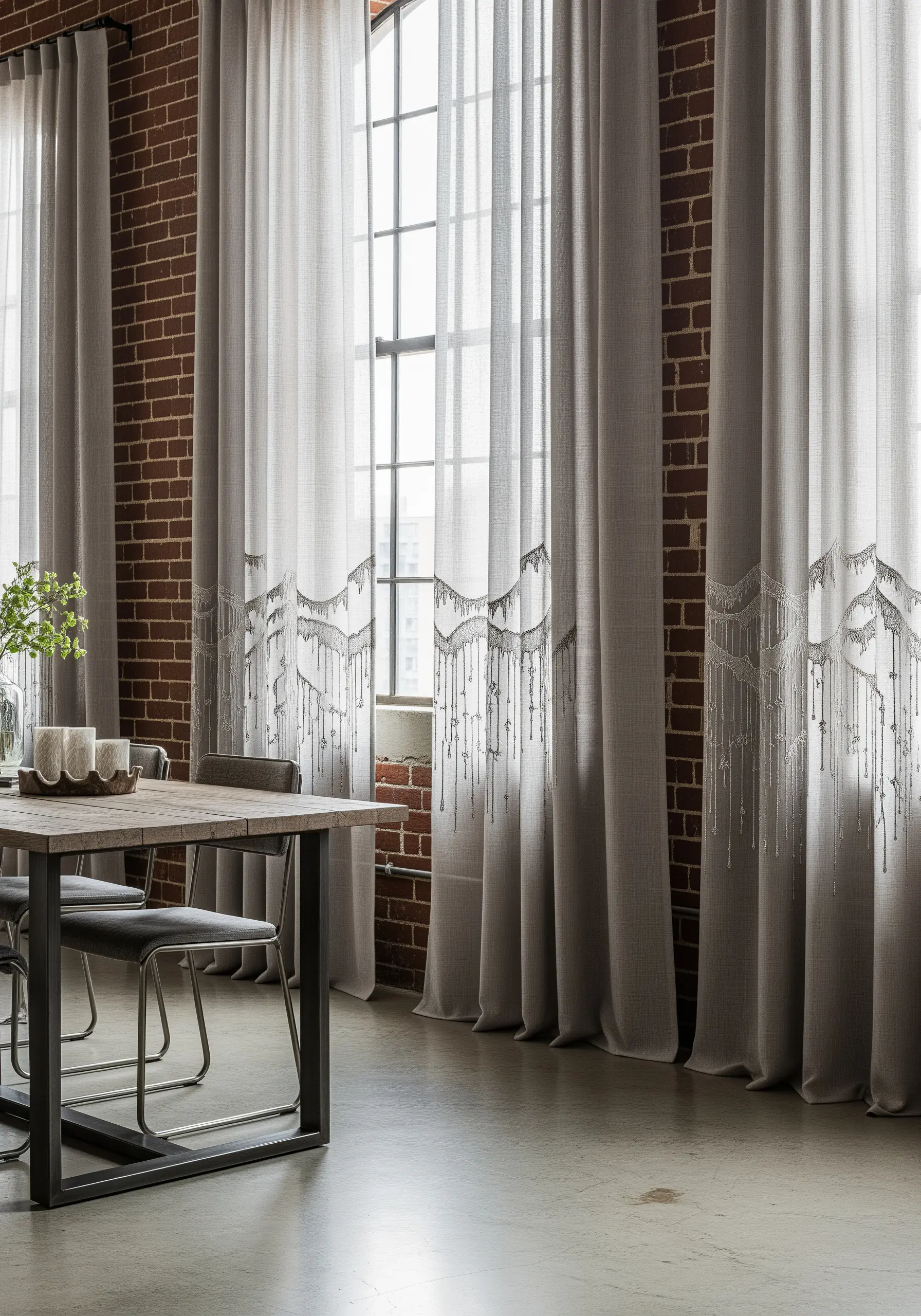 Delicate silver embroidery on the hem of sheer gray dining room curtains.