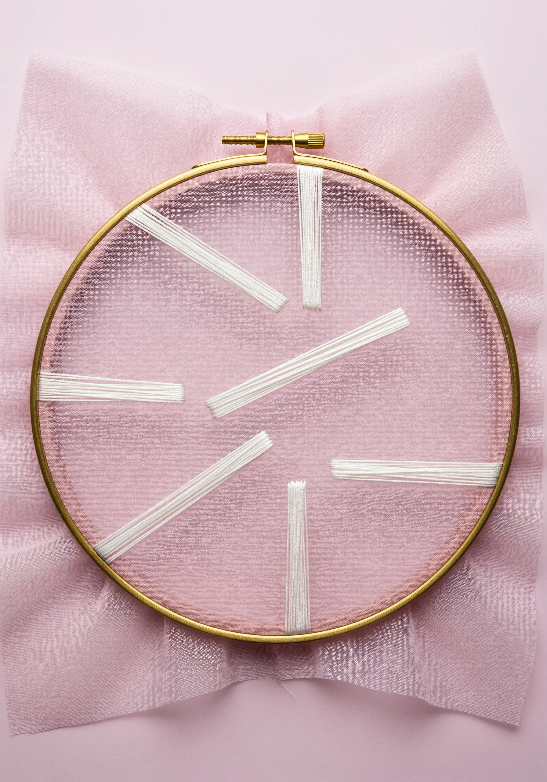Bars of white satin stitch seemingly floating on sheer pink organza in a gold hoop.