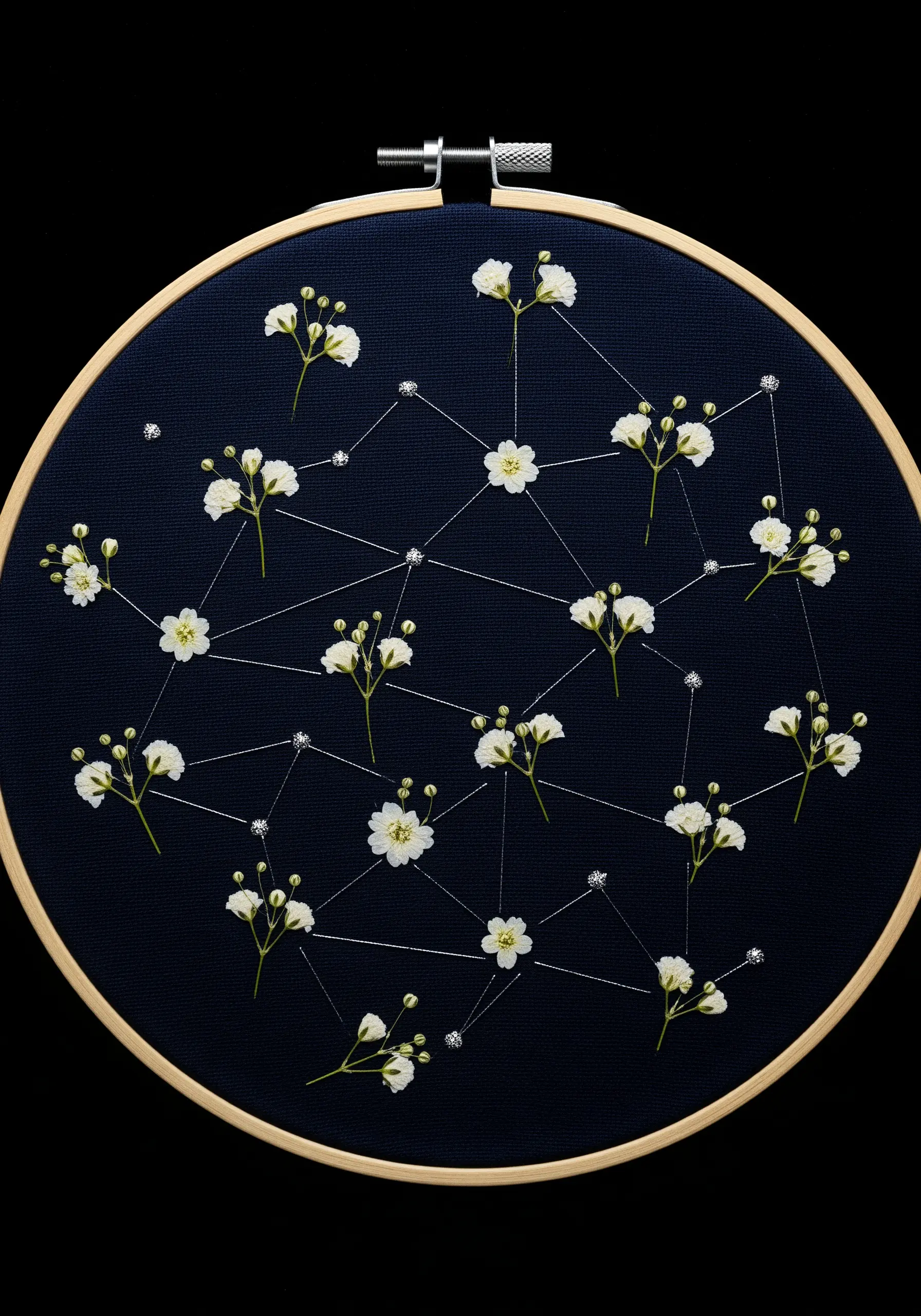 Pressed baby's breath arranged like a constellation on dark blue fabric, connected by silver thread.