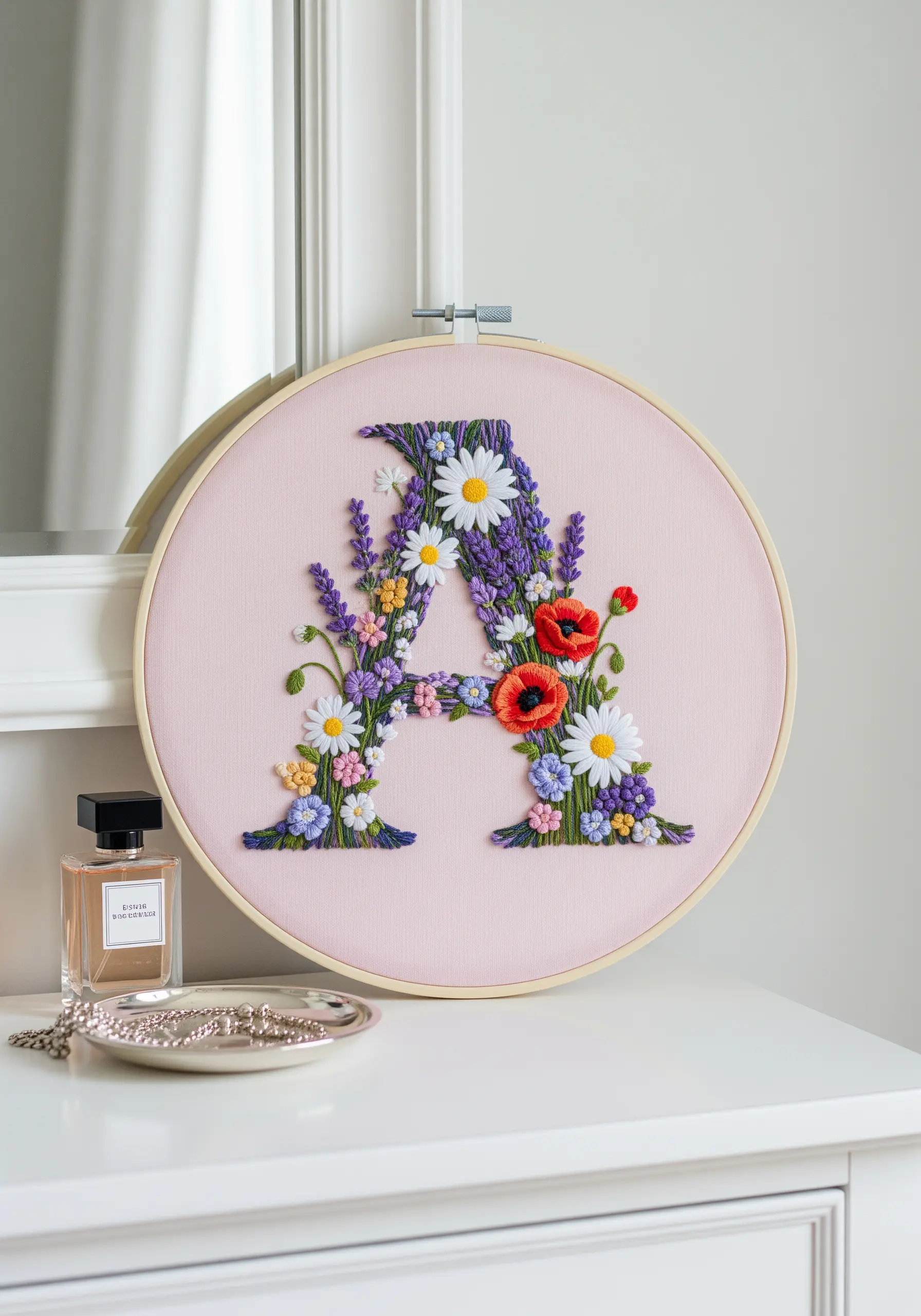 The letter 'A' filled with a dense arrangement of embroidered wildflowers in a hoop.