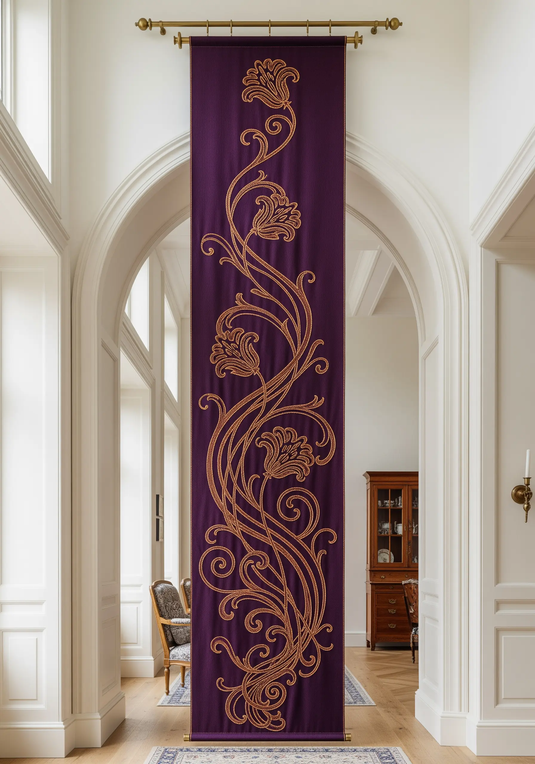 An Art Nouveau floral tapestry in gold thread on a deep purple banner.