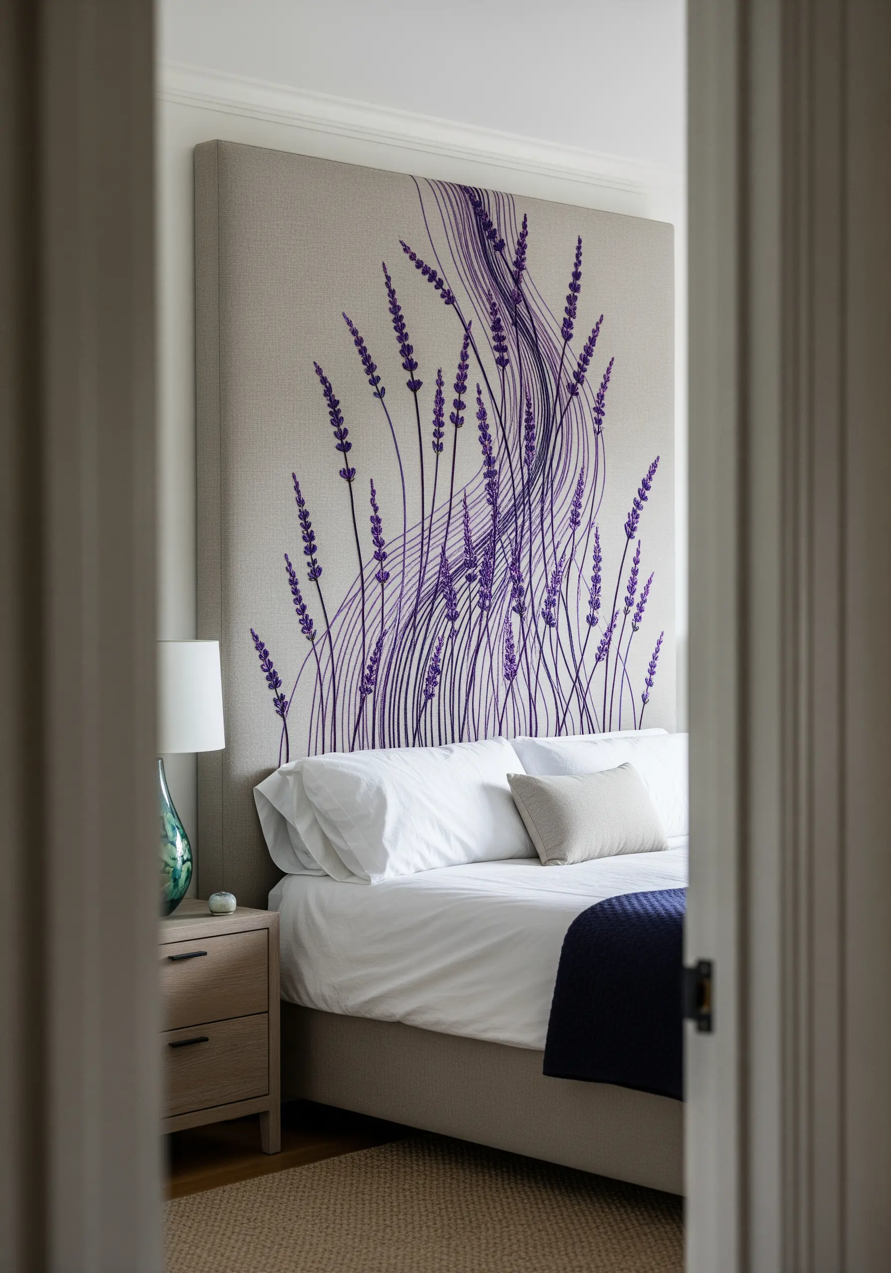 An upholstered headboard with a large, abstract embroidery of flowing lavender sprigs.