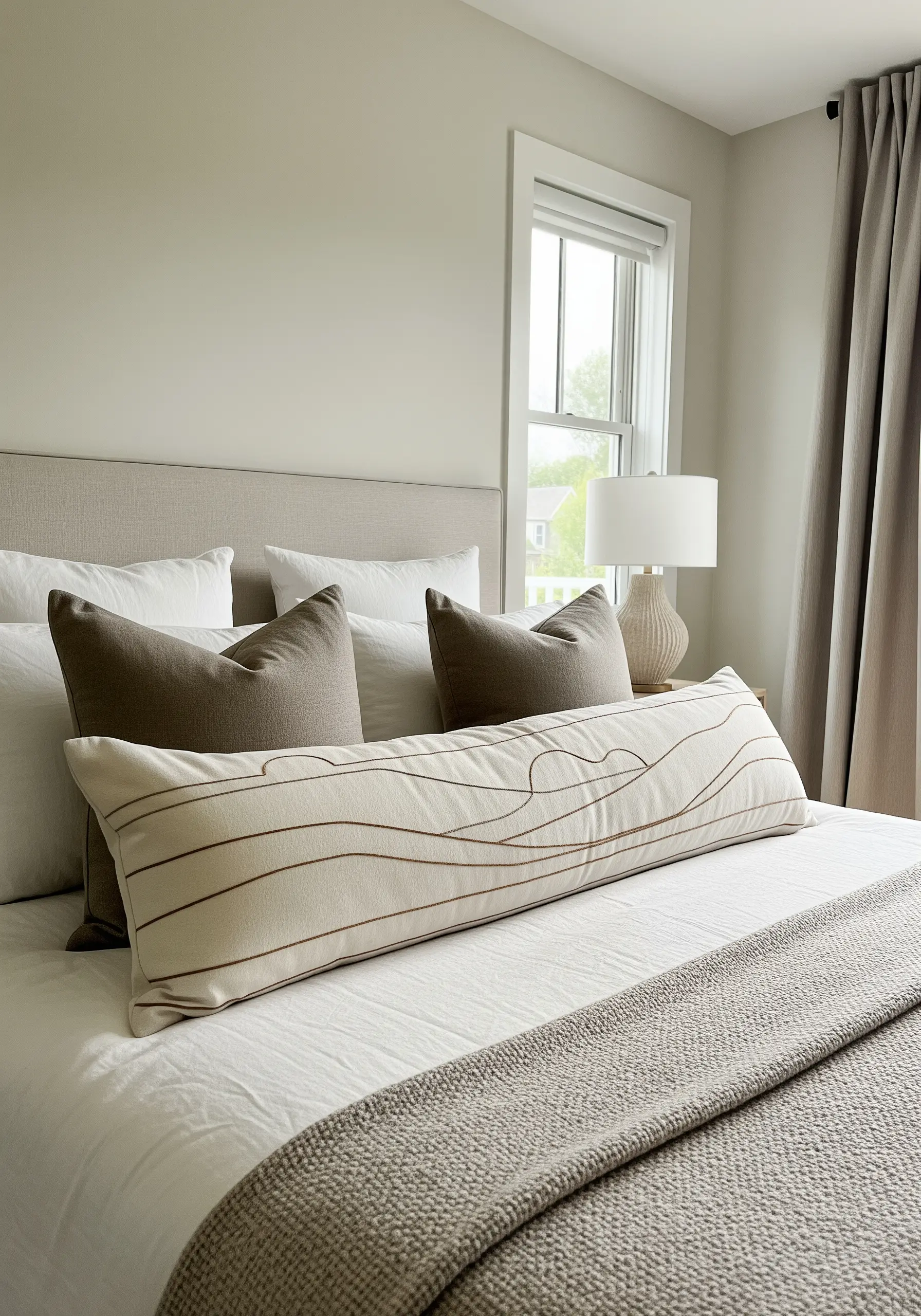 Long lumbar pillow with abstract, wavy landscape lines embroidered on it.