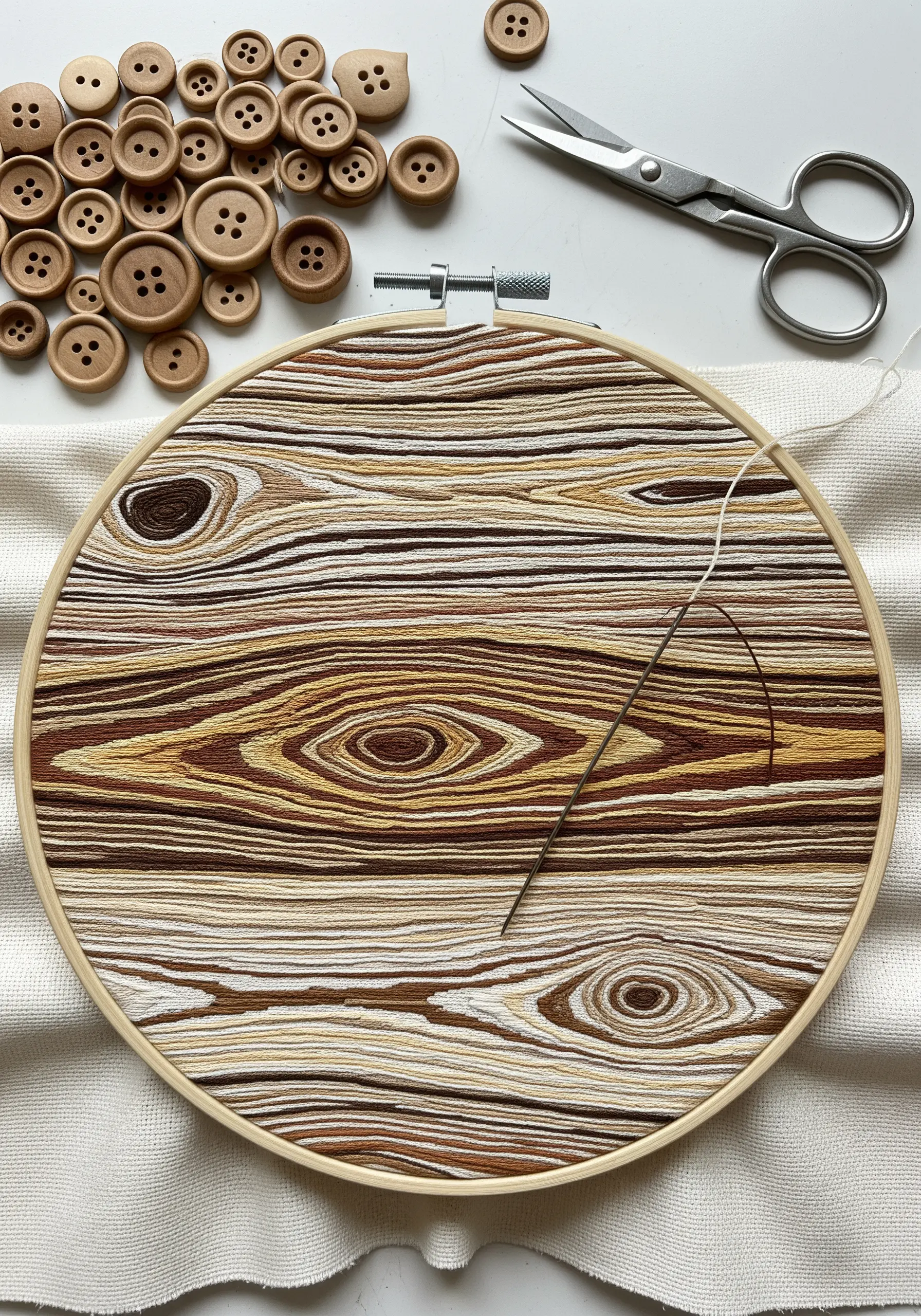 Embroidery hoop filled with stitched lines in brown, tan, and cream mimicking wood grain.