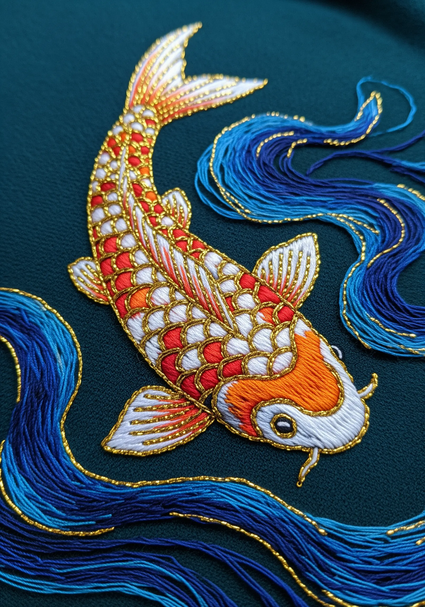 Embroidered koi fish with flowing water made from loose, couched silk threads.