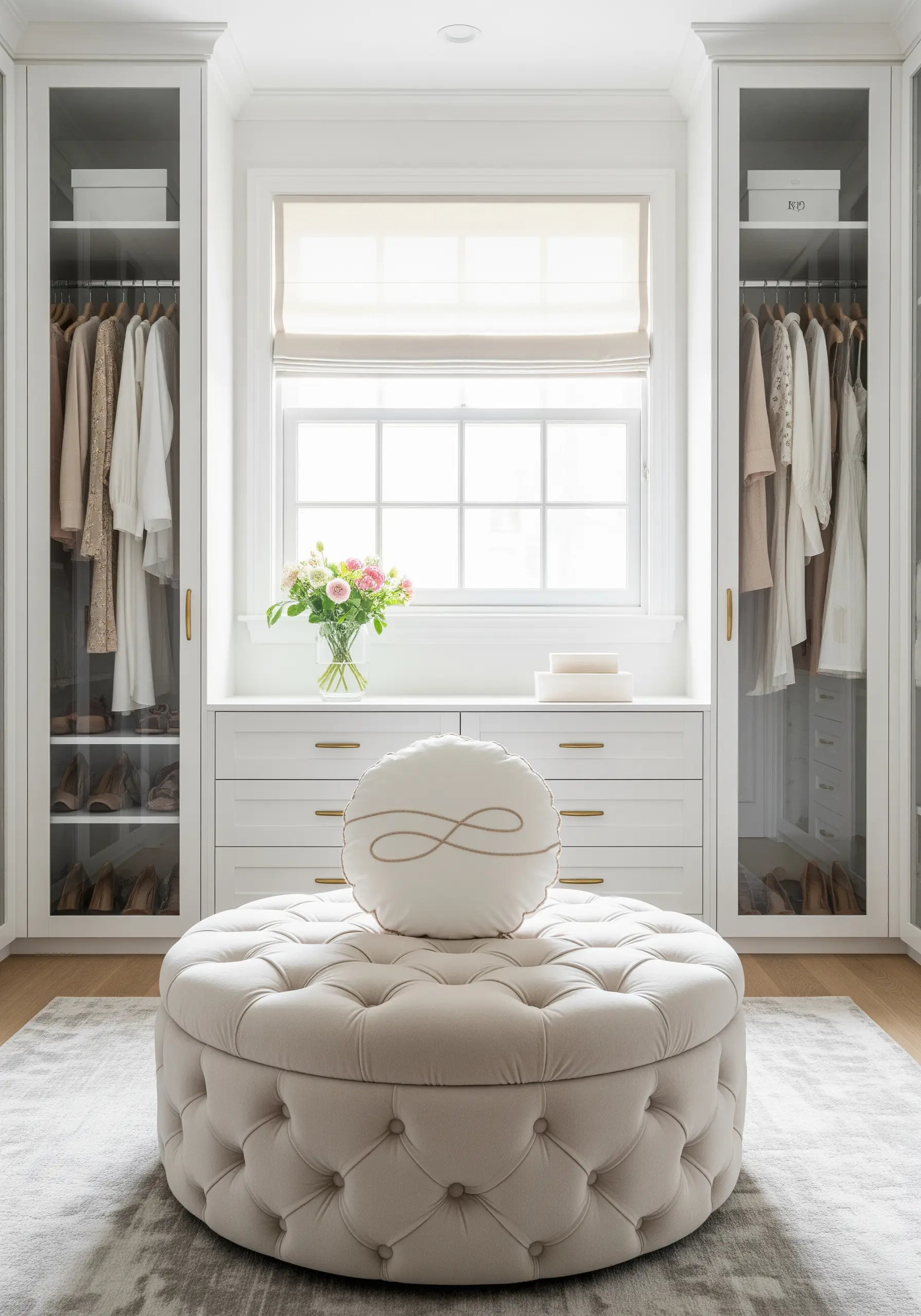 A chain-stitched infinity symbol on a round, tufted ottoman.