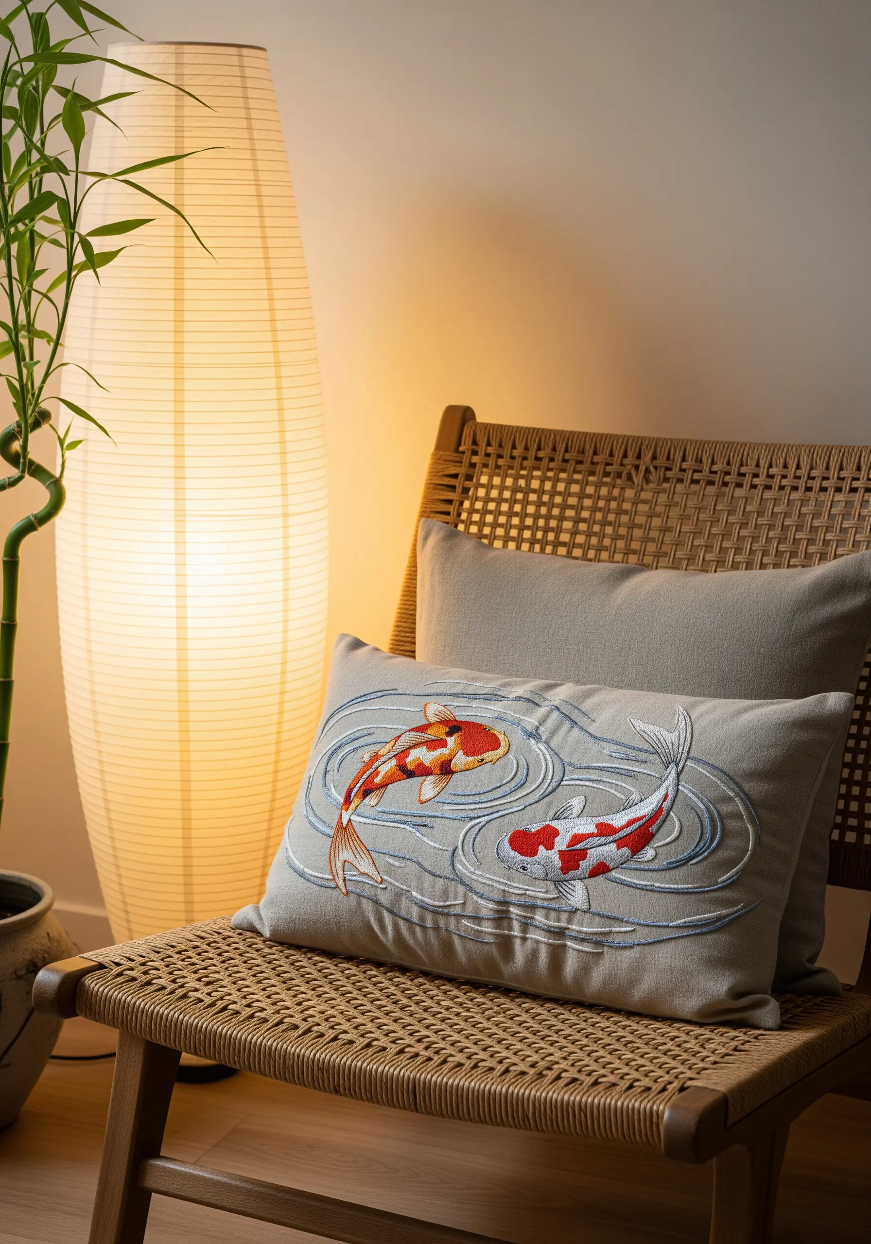 Embroidered koi fish with orange, red, and white scales on a linen pillow.