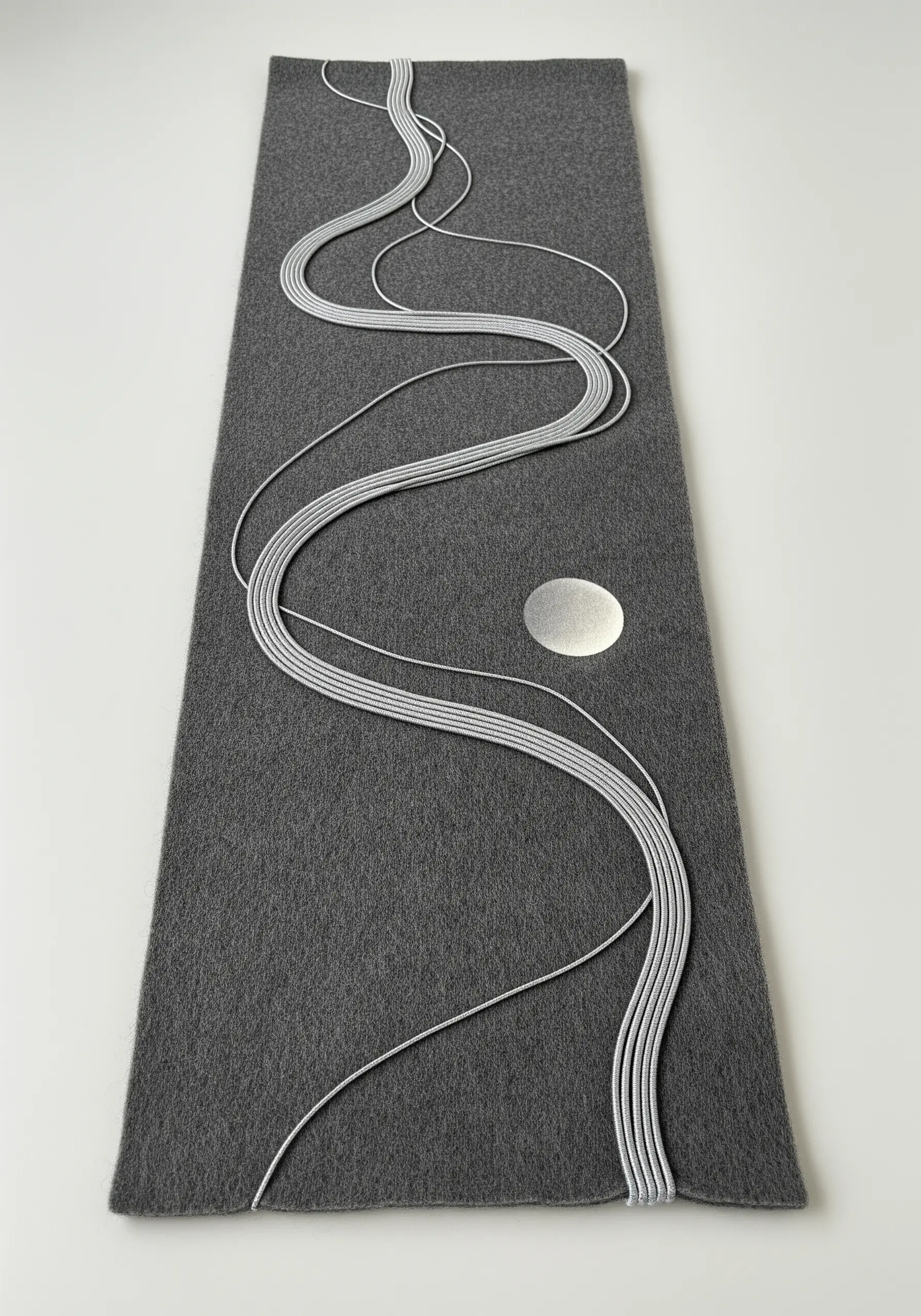 A grey felt runner with couched silver cords forming abstract, flowing lines.