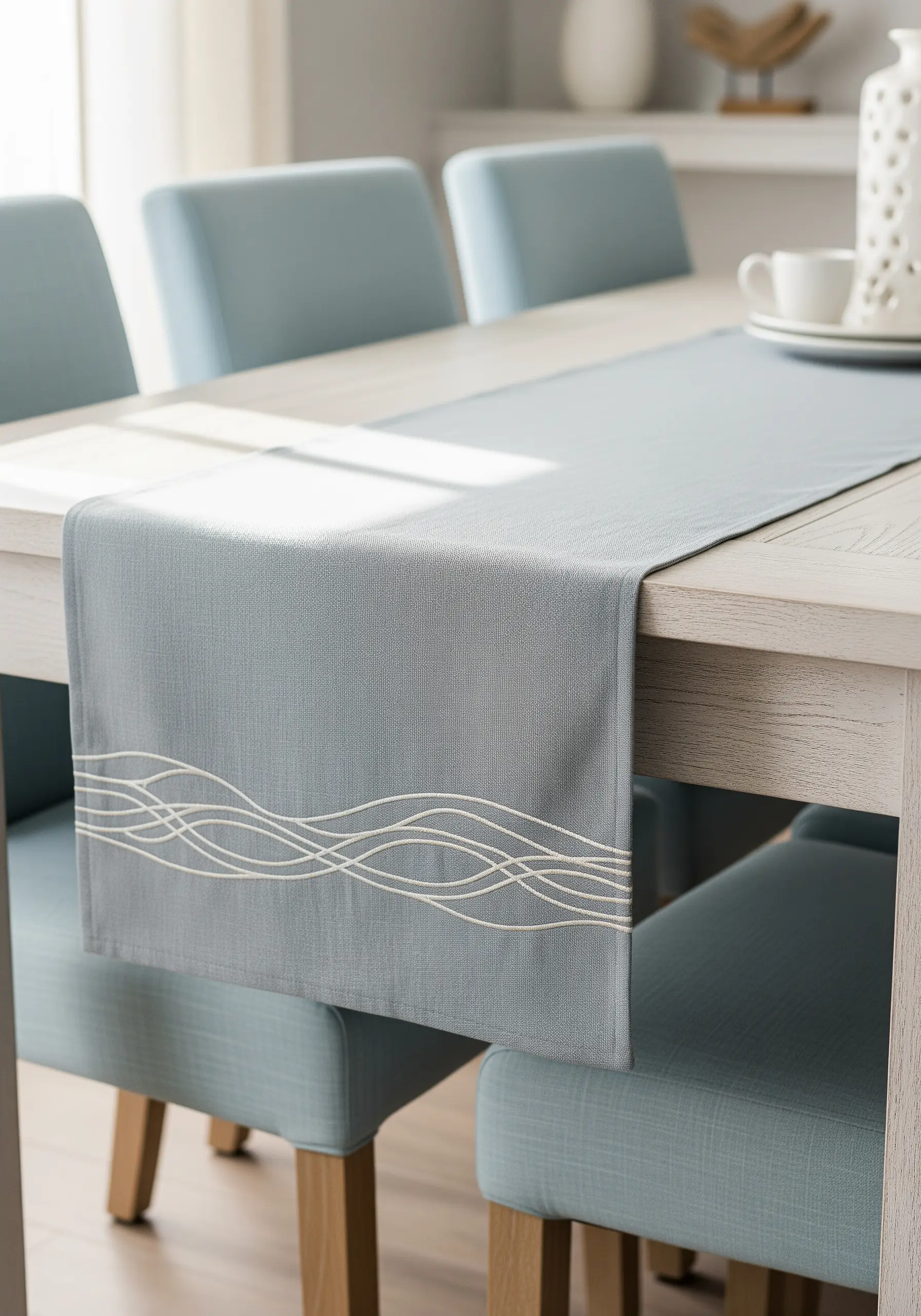 Abstract wave patterns embroidered in cream thread on a blue-gray table runner