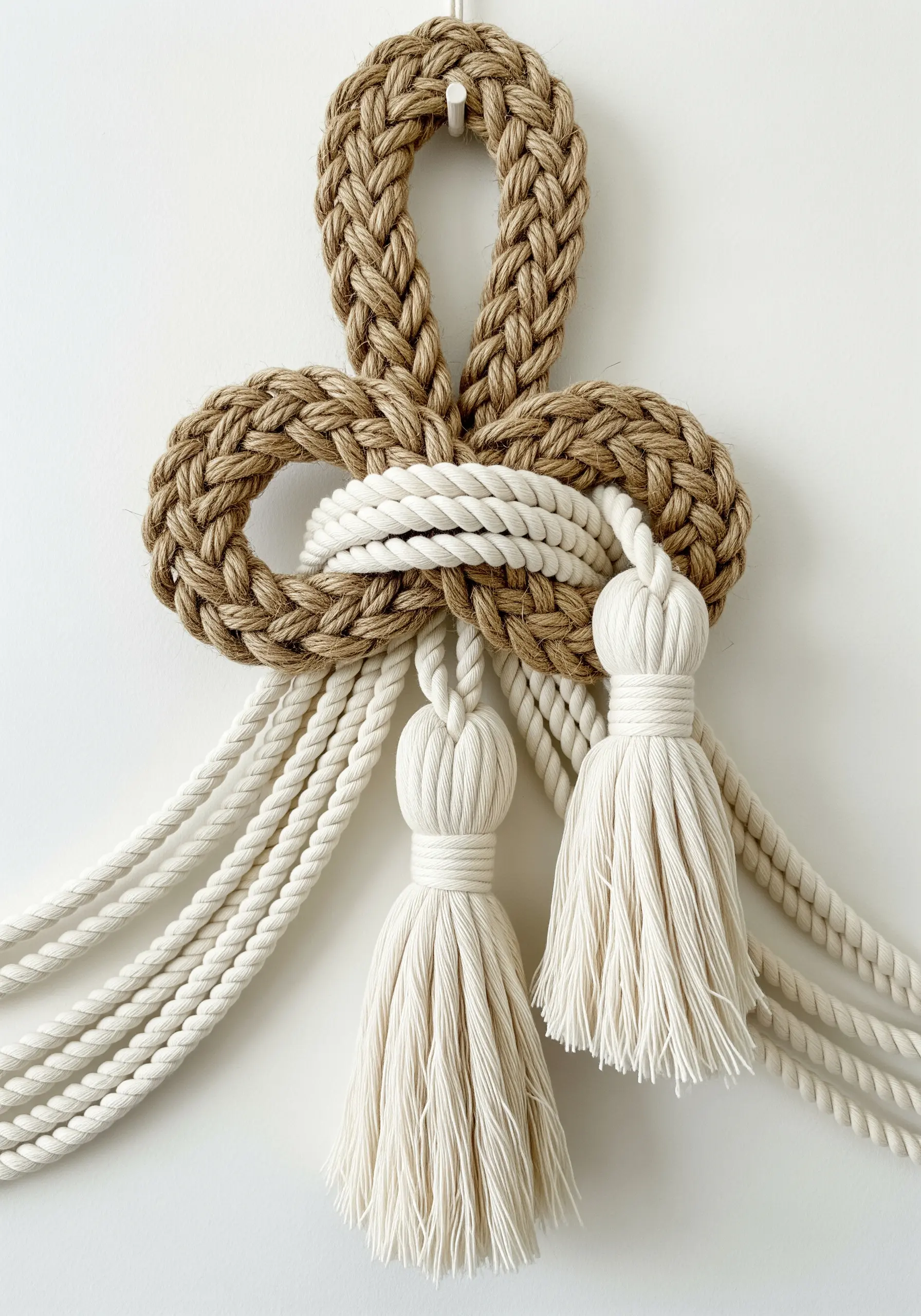 A large, decorative knot made from thick jute rope, contrasted with smooth white cotton tassels.