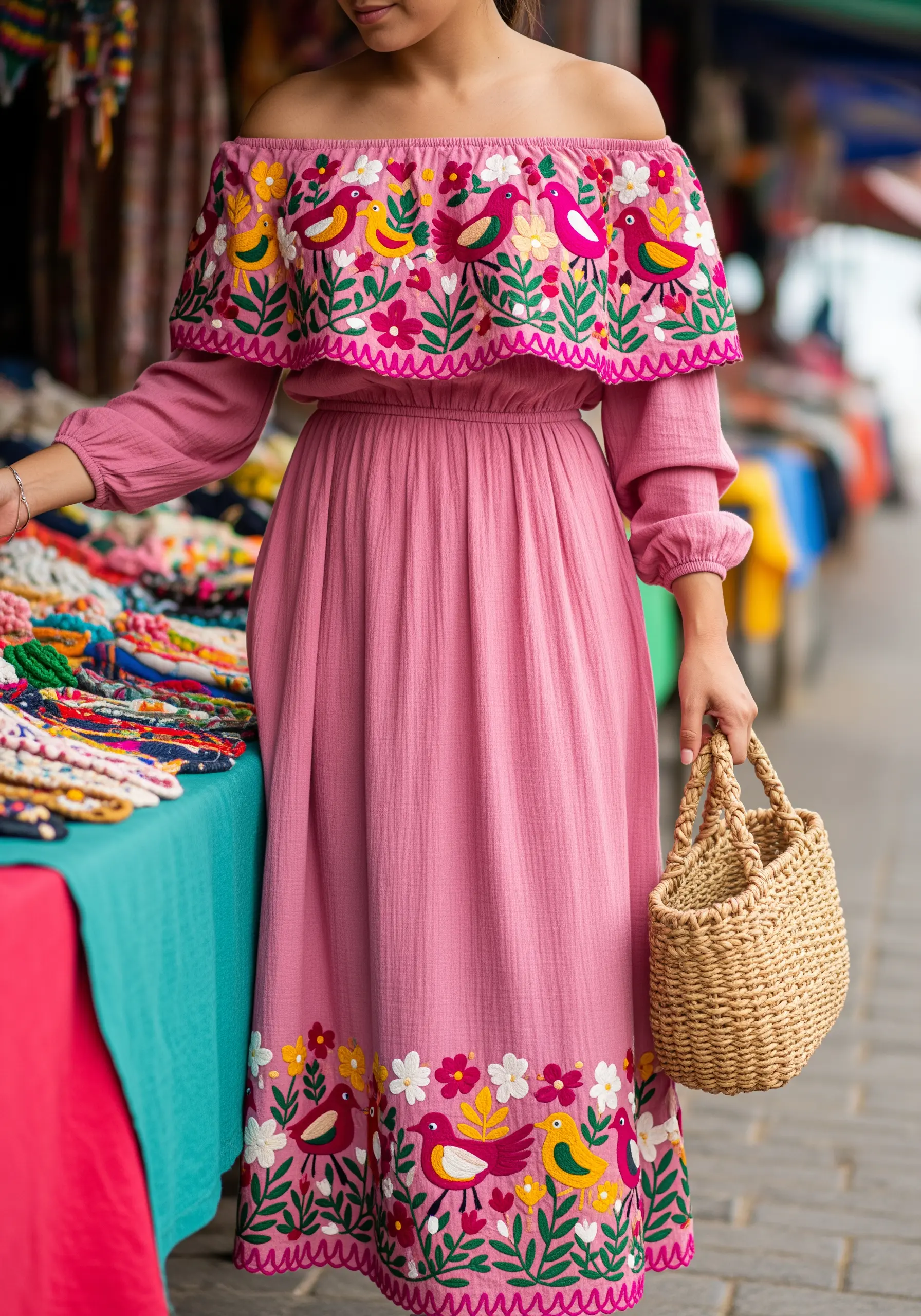 Vibrant folk art embroidery with birds and flowers on the ruffle and hem of a pink maxi dress.