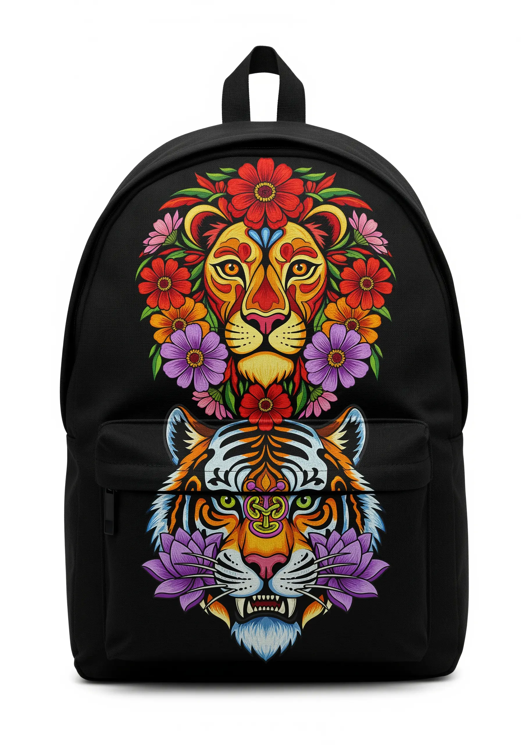Vibrantly colored, folk-art-style lion and tiger embroidered on a black backpack.
