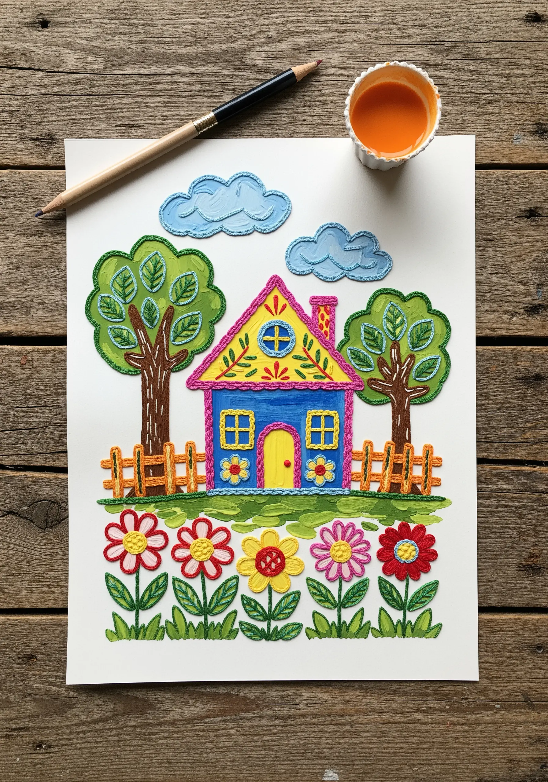 A colorful folk art painting of a house and garden with embroidered outlines.