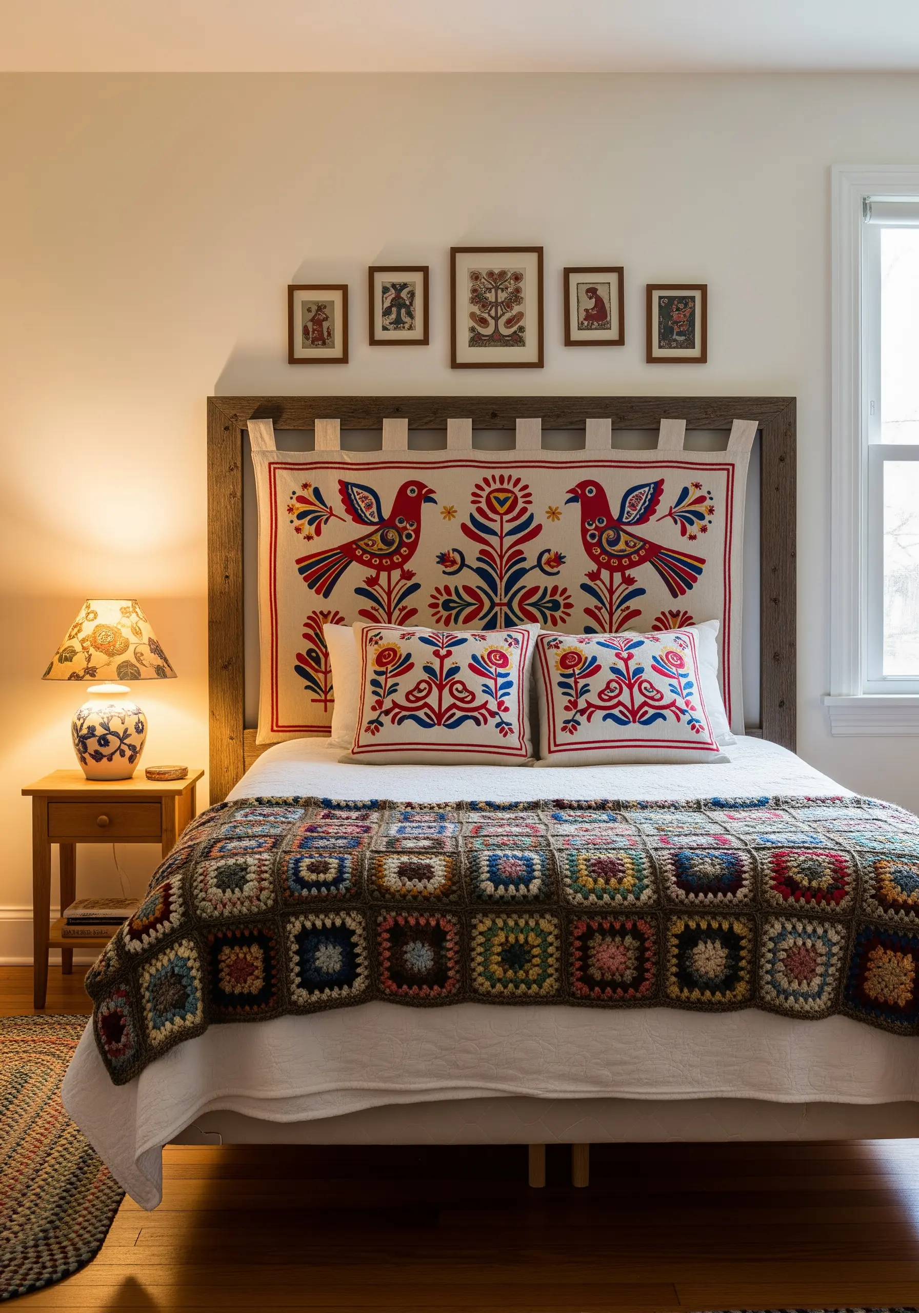 A folk art embroidered textile with symmetrical birds and flowers framed in wood as a headboard.