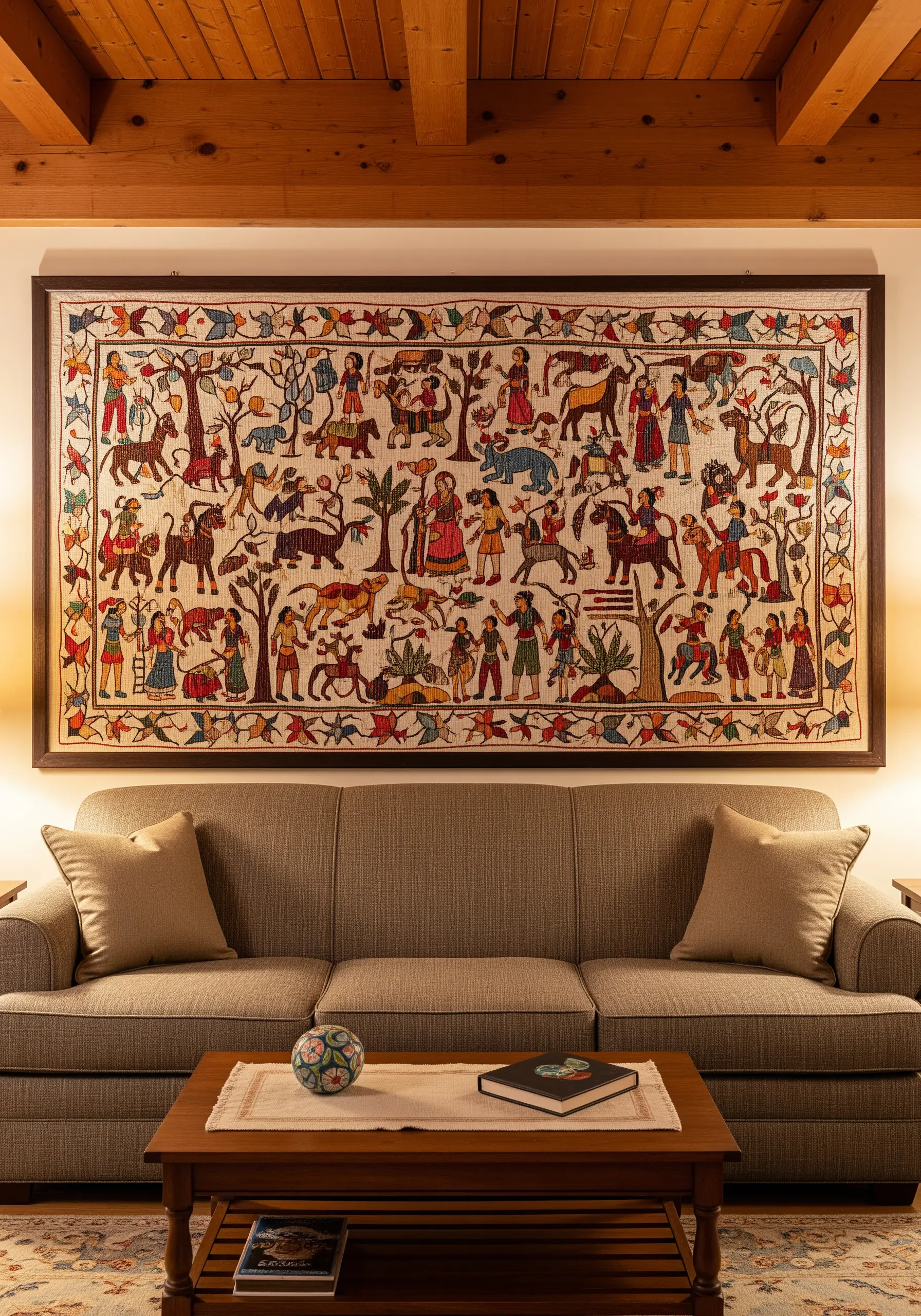 A large, framed folk art embroidery tapestry filled with numerous figures, animals, and trees.