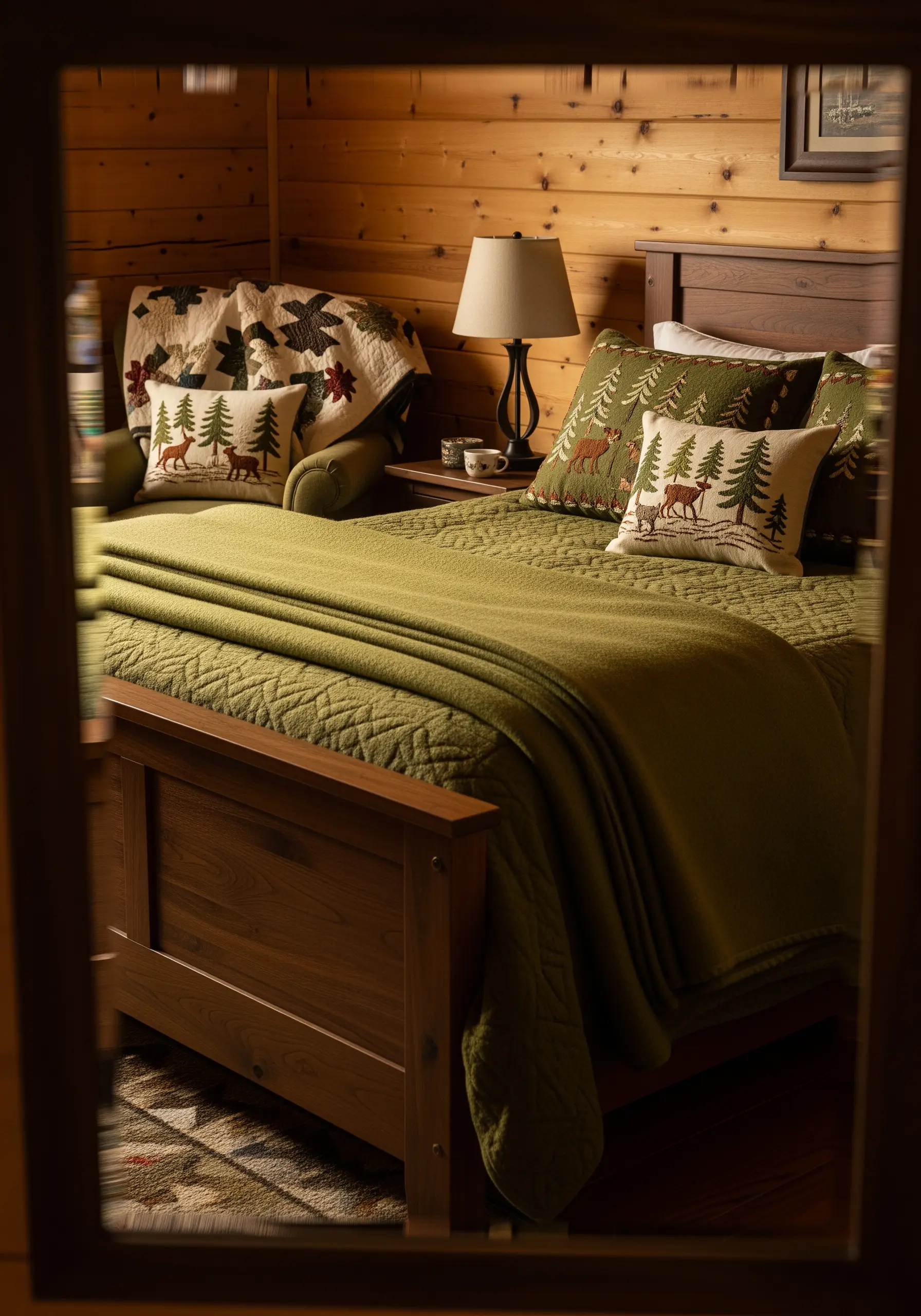 Embroidered pillows with deer and pine trees in green and brown in a rustic bedroom