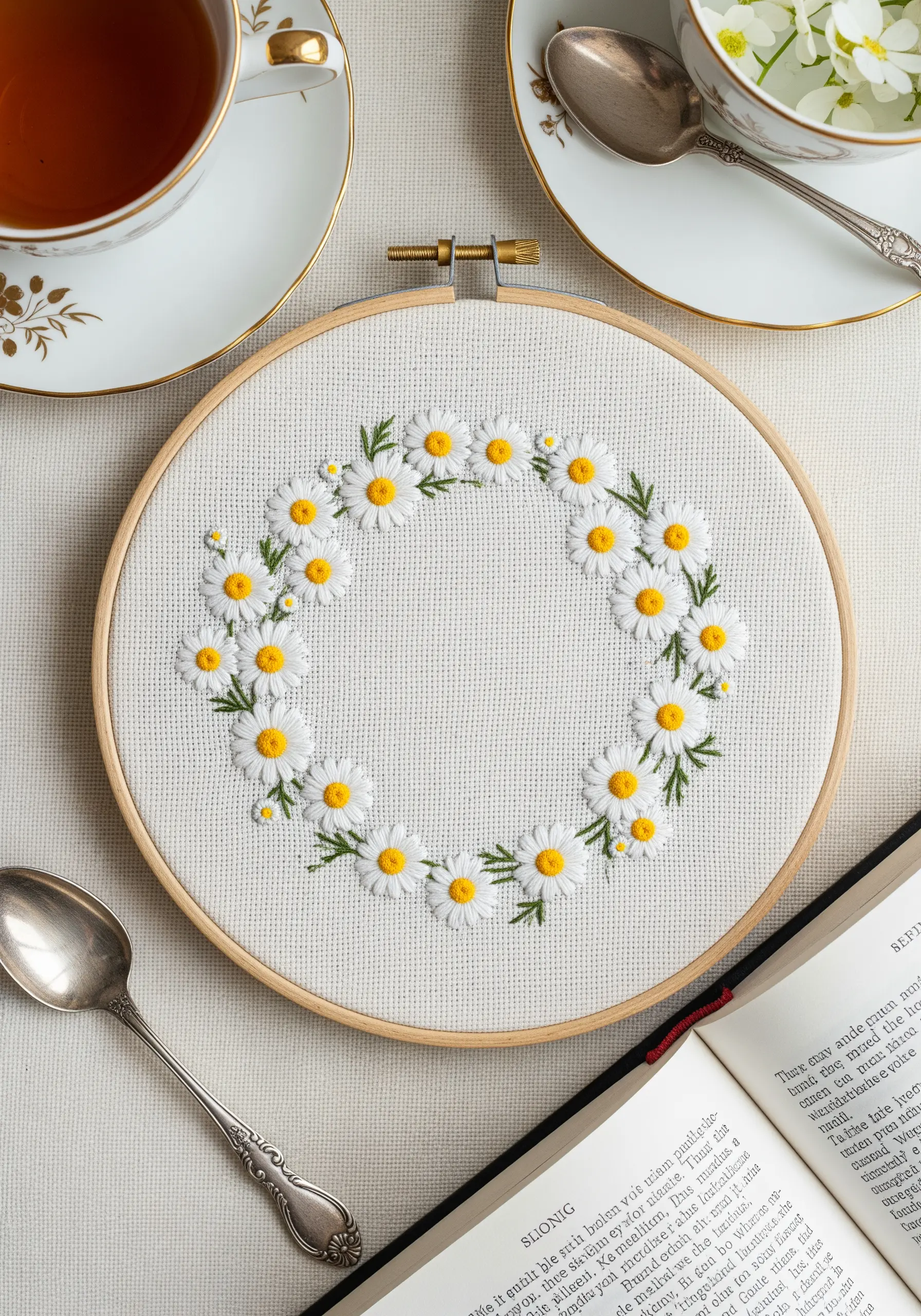 A wreath of embroidered white daisies with yellow centers on a cream fabric background.